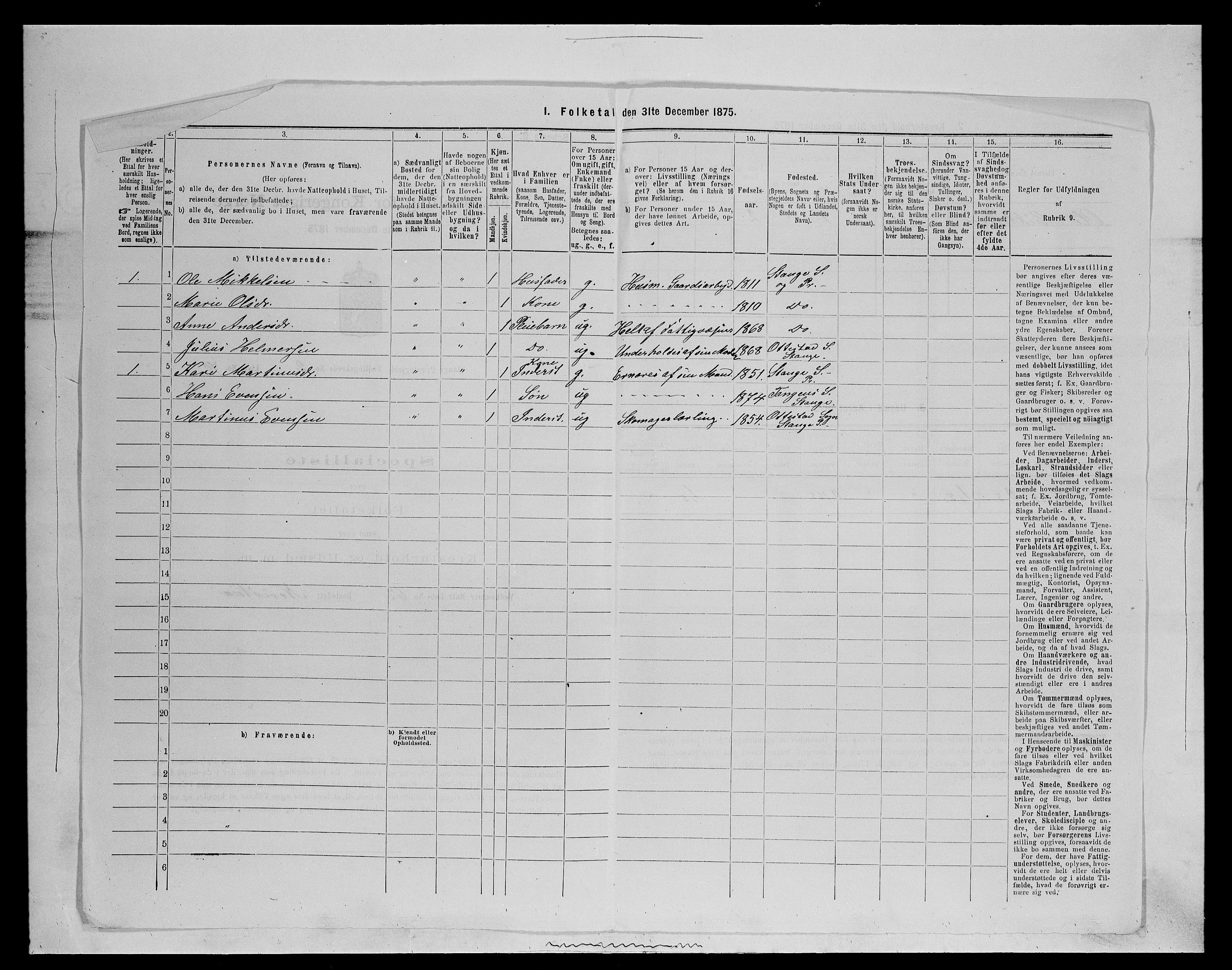 SAH, 1875 census for 0417P Stange, 1875, p. 421