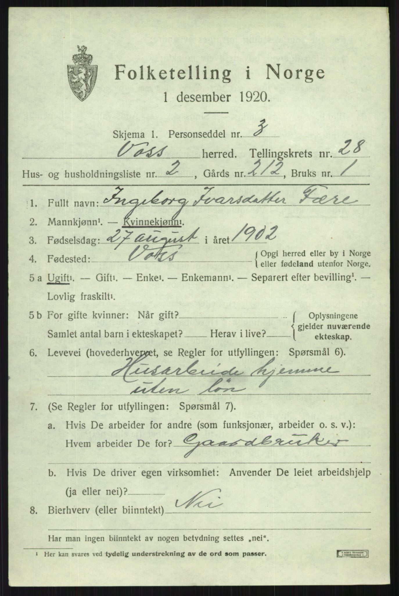 SAB, 1920 census for Voss, 1920, p. 18923