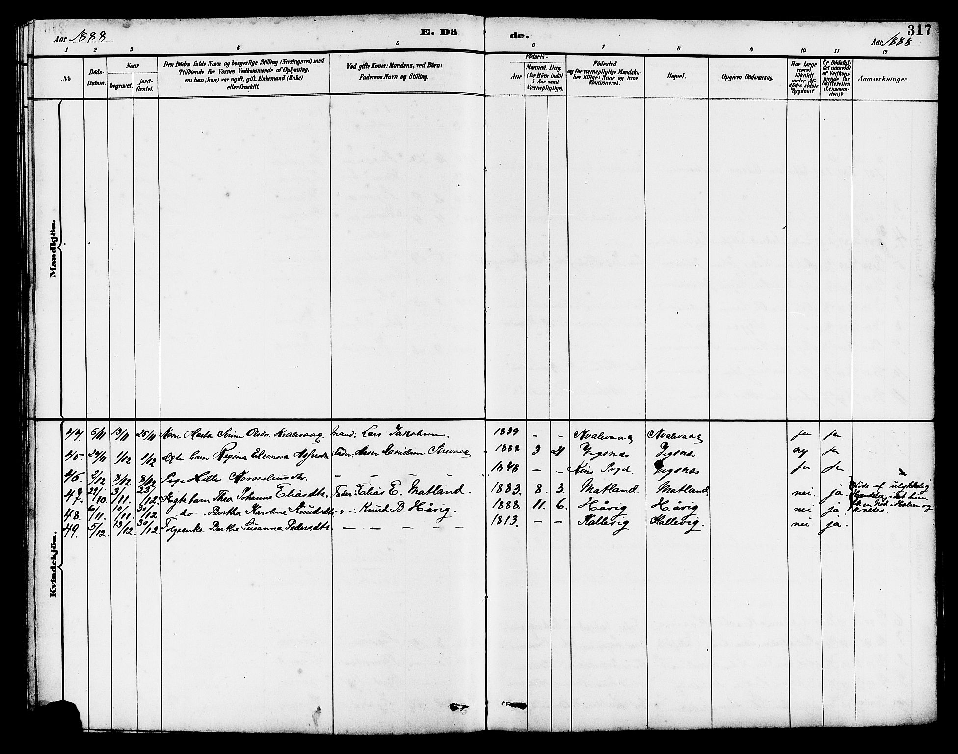 Avaldsnes sokneprestkontor, AV/SAST-A -101851/H/Ha/Hab/L0007: Parish register (copy) no. B 7, 1885-1909, p. 317