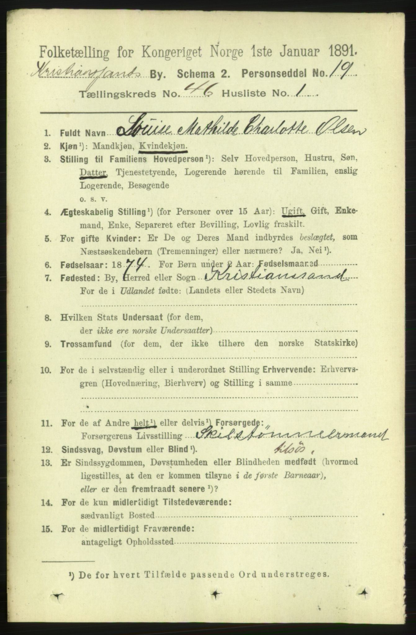 RA, 1891 census for 1001 Kristiansand, 1891, p. 14018