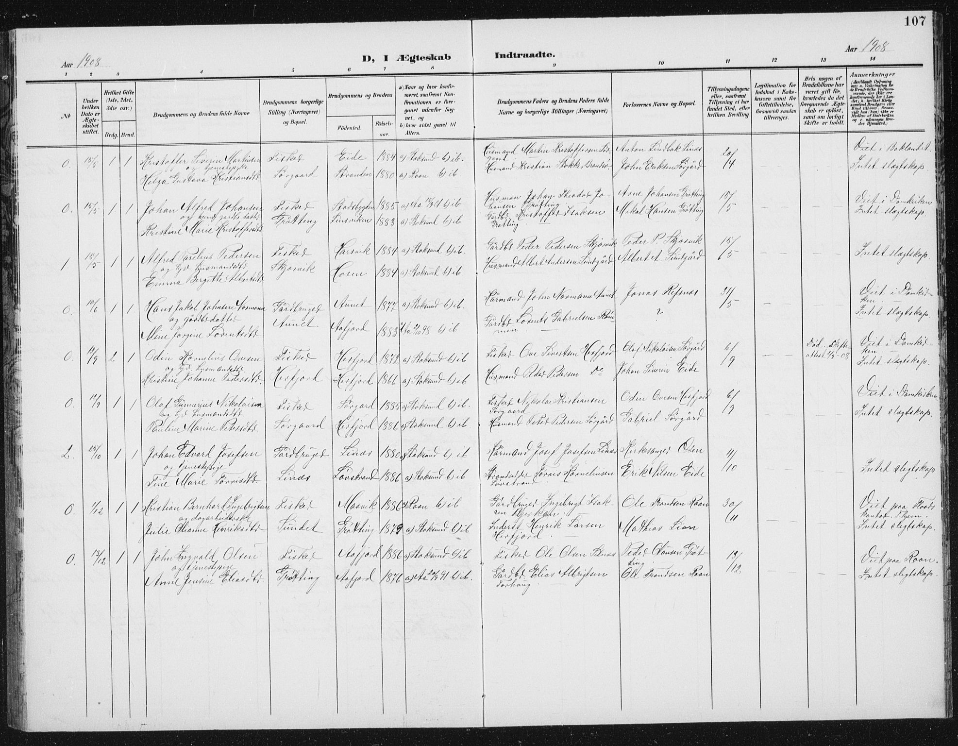 Ministerialprotokoller, klokkerbøker og fødselsregistre - Sør-Trøndelag, SAT/A-1456/656/L0699: Parish register (copy) no. 656C05, 1905-1920, p. 107