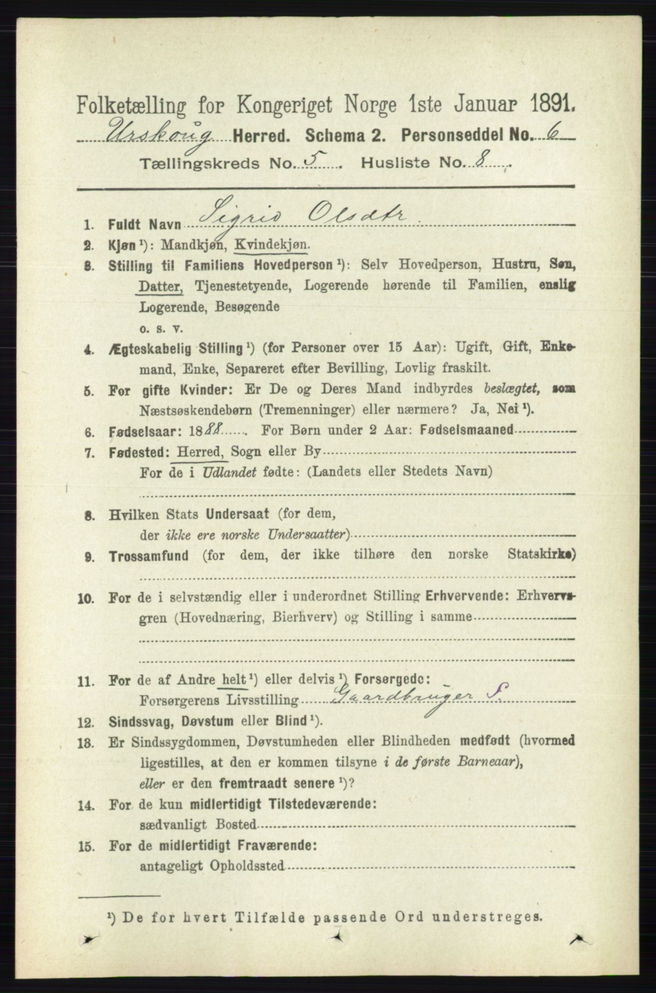 RA, 1891 census for 0224 Aurskog, 1891, p. 2110
