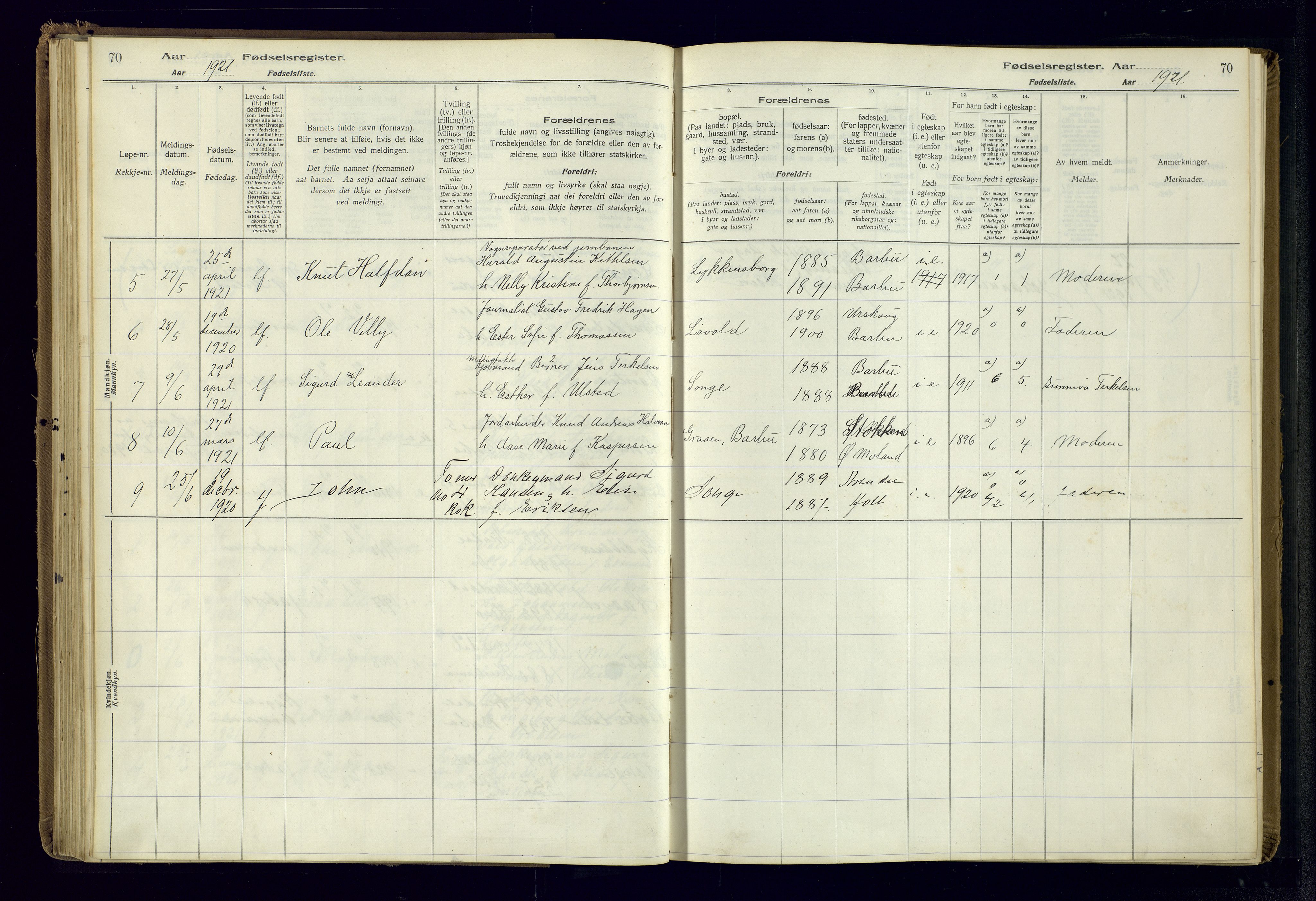 Barbu sokneprestkontor, AV/SAK-1111-0003/J/Ja/L0001: Birth register no. A-VIII-1, 1916-1937, p. 70