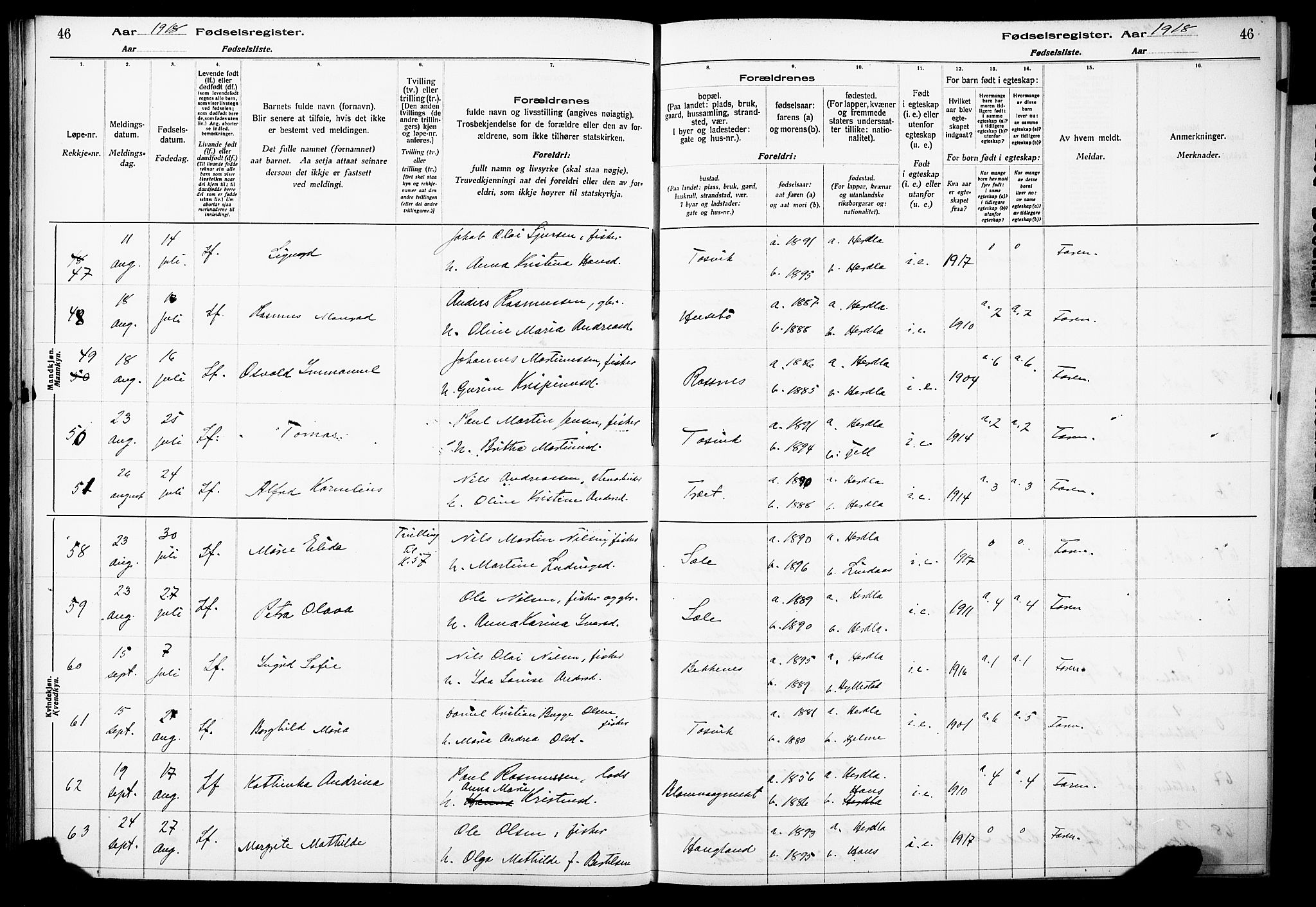 Herdla Sokneprestembete, AV/SAB-A-75701/I/Id/L00A1: Birth register no. A 1, 1916-1929, p. 46