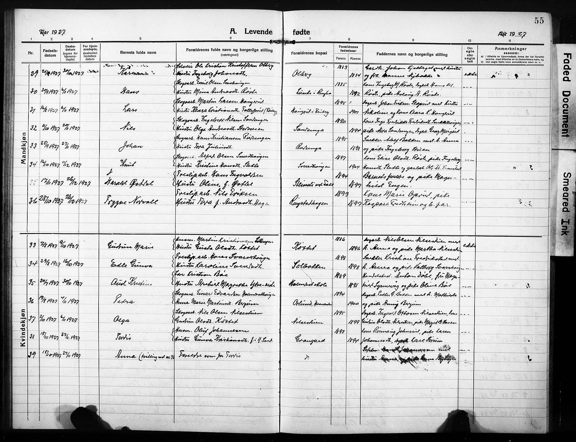 Søndre Land prestekontor, AV/SAH-PREST-122/L/L0007: Parish register (copy) no. 7, 1915-1932, p. 55