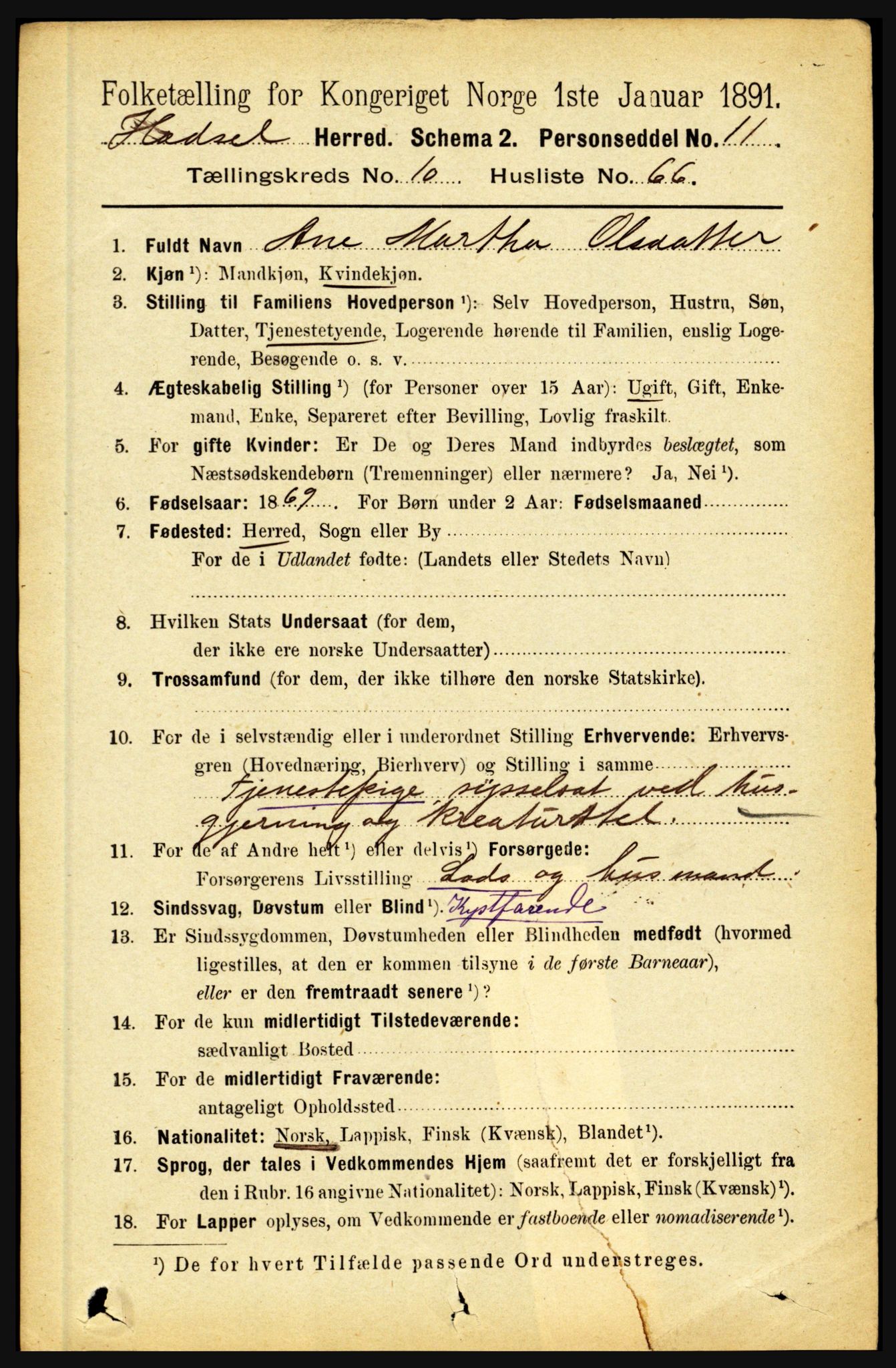 RA, 1891 census for 1866 Hadsel, 1891, p. 4639