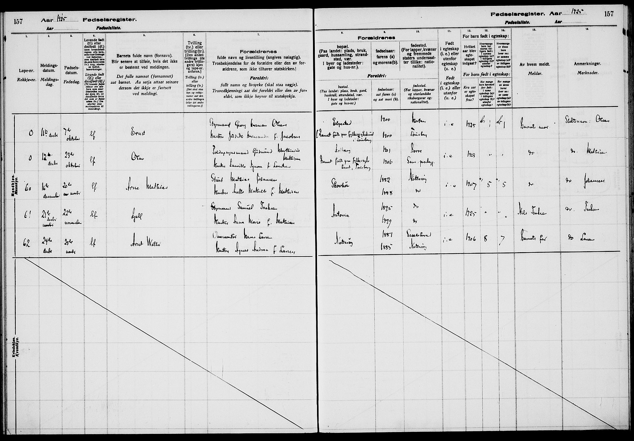 Nøtterøy kirkebøker, AV/SAKO-A-354/J/Ja/L0001: Birth register no. 1, 1916-1928, p. 157