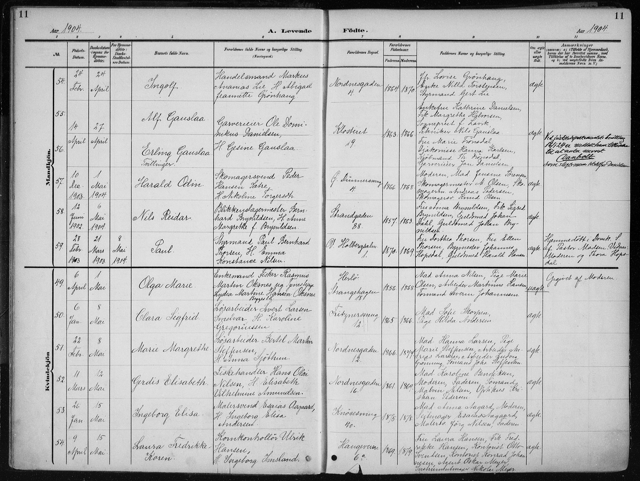 Nykirken Sokneprestembete, AV/SAB-A-77101/H/Haa/L0019: Parish register (official) no. B 7, 1904-1916, p. 11