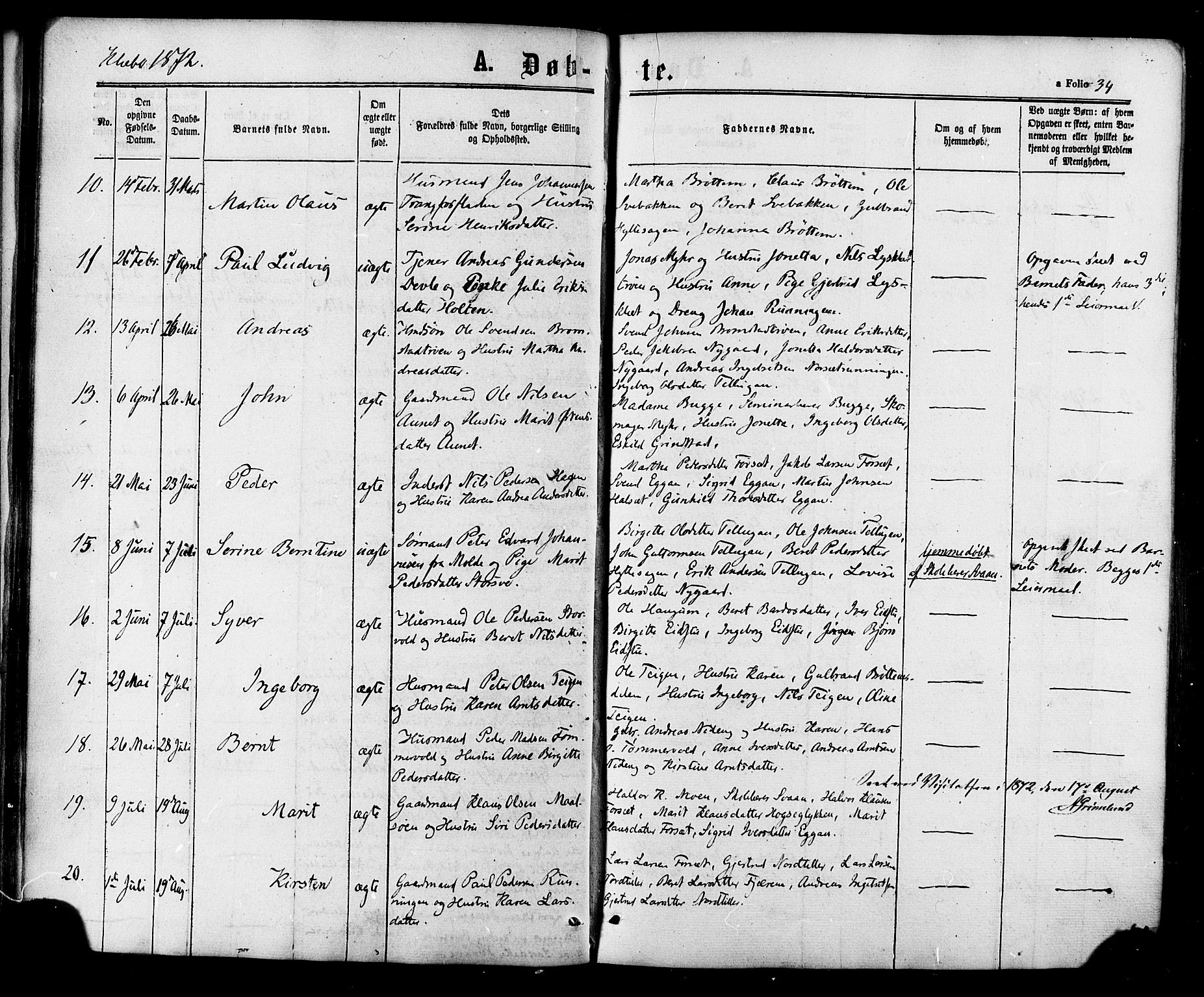 Ministerialprotokoller, klokkerbøker og fødselsregistre - Sør-Trøndelag, SAT/A-1456/618/L0442: Parish register (official) no. 618A06 /1, 1863-1879, p. 34
