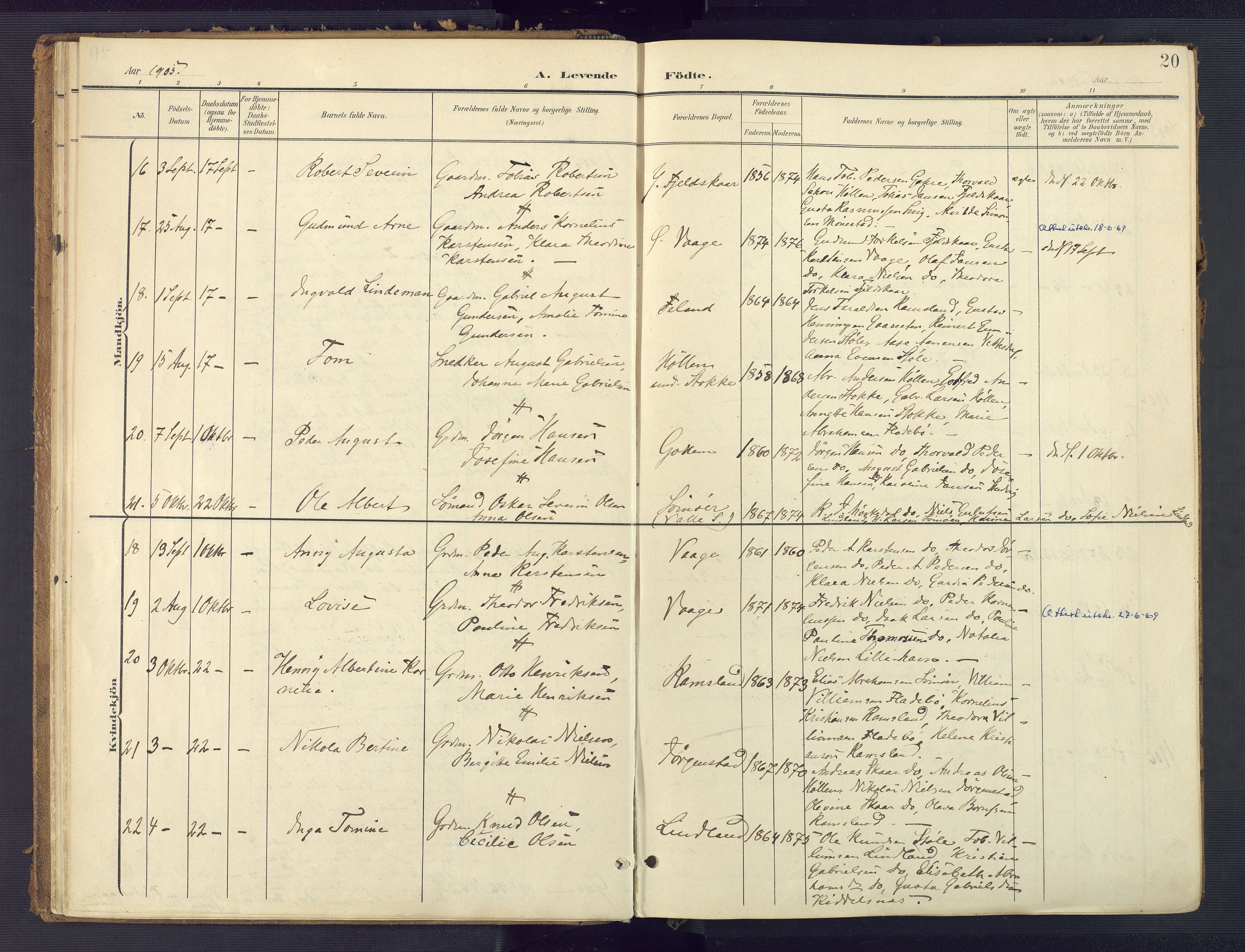 Sør-Audnedal sokneprestkontor, AV/SAK-1111-0039/F/Fa/Faa/L0005: Parish register (official) no. A 5, 1900-1923, p. 20