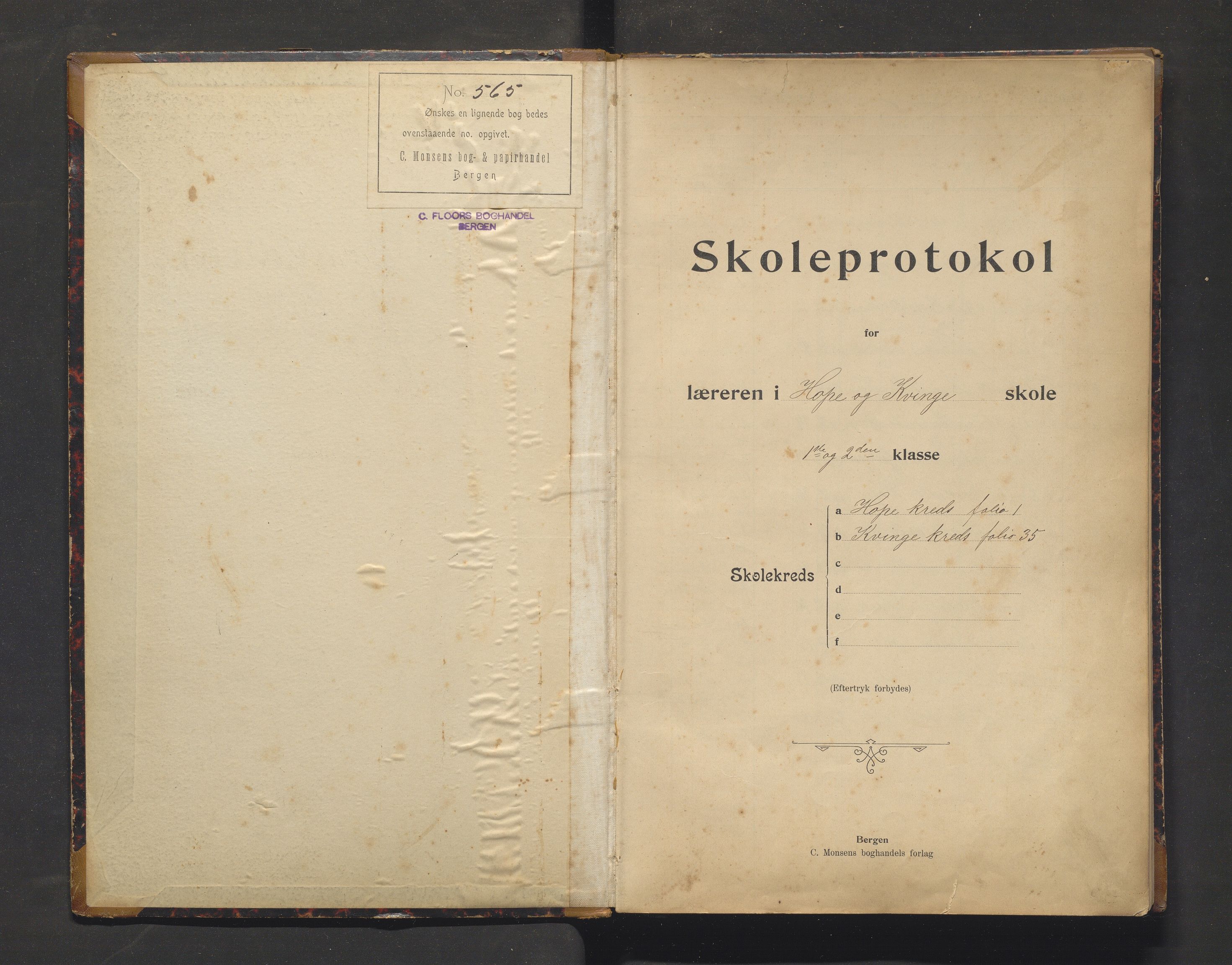 Masfjorden kommune. Barneskulane, IKAH/1266-231/F/Fa/L0021: Skuleprotokoll for Hope og Kvinge krinsar, 1901-1925