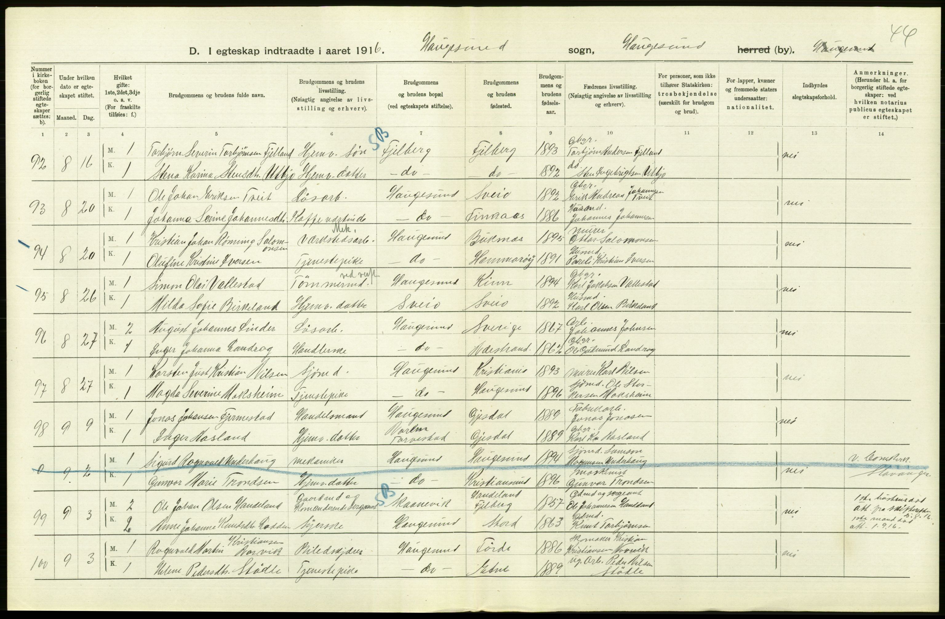 Statistisk sentralbyrå, Sosiodemografiske emner, Befolkning, AV/RA-S-2228/D/Df/Dfb/Dfbf/L0031: Stavanger amt: Gifte. Bygder og byer., 1916, p. 310