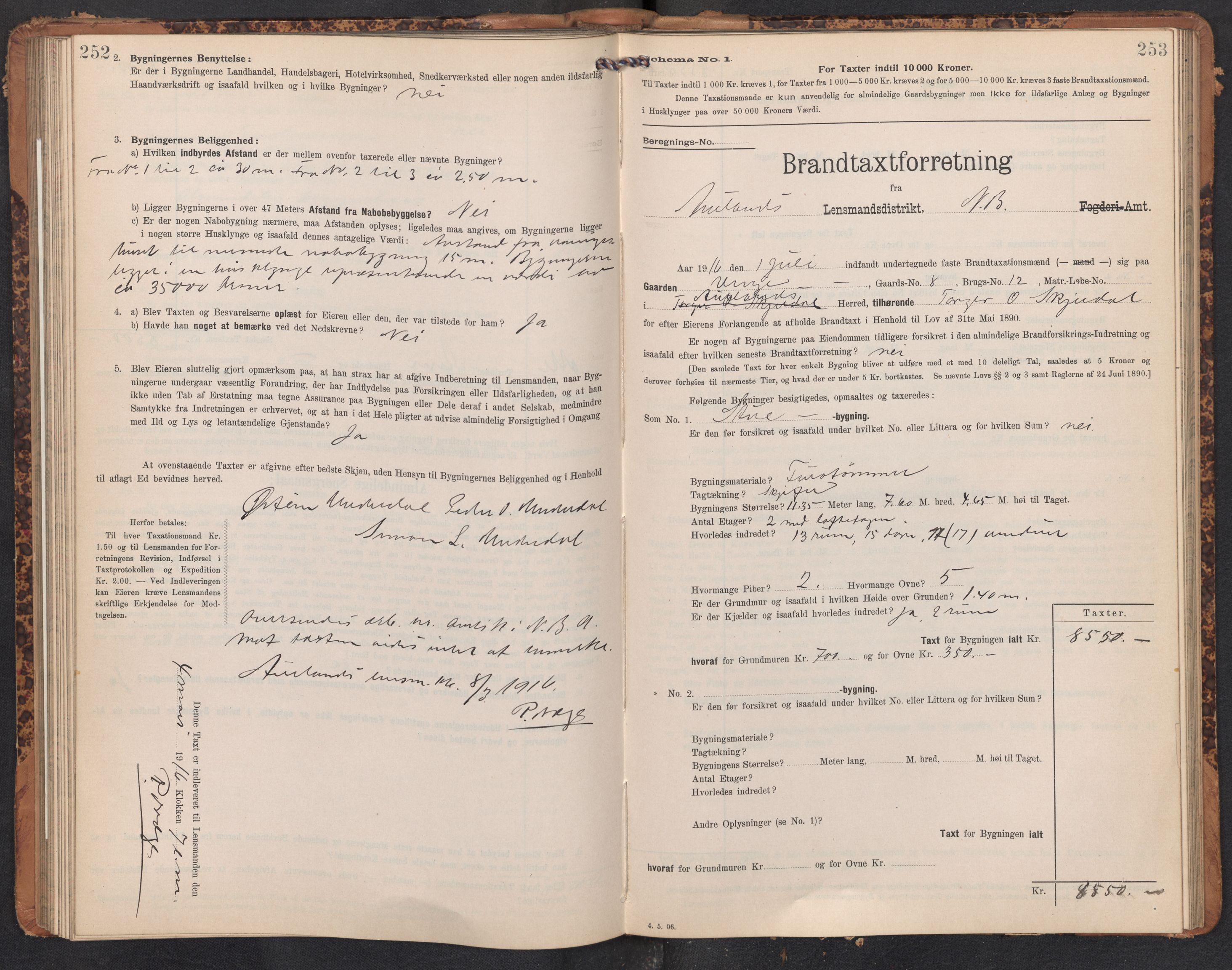 Lensmannen i Aurland, AV/SAB-A-26401/0012/L0005: Branntakstprotokoll, skjematakst, 1909-1916, p. 252-253