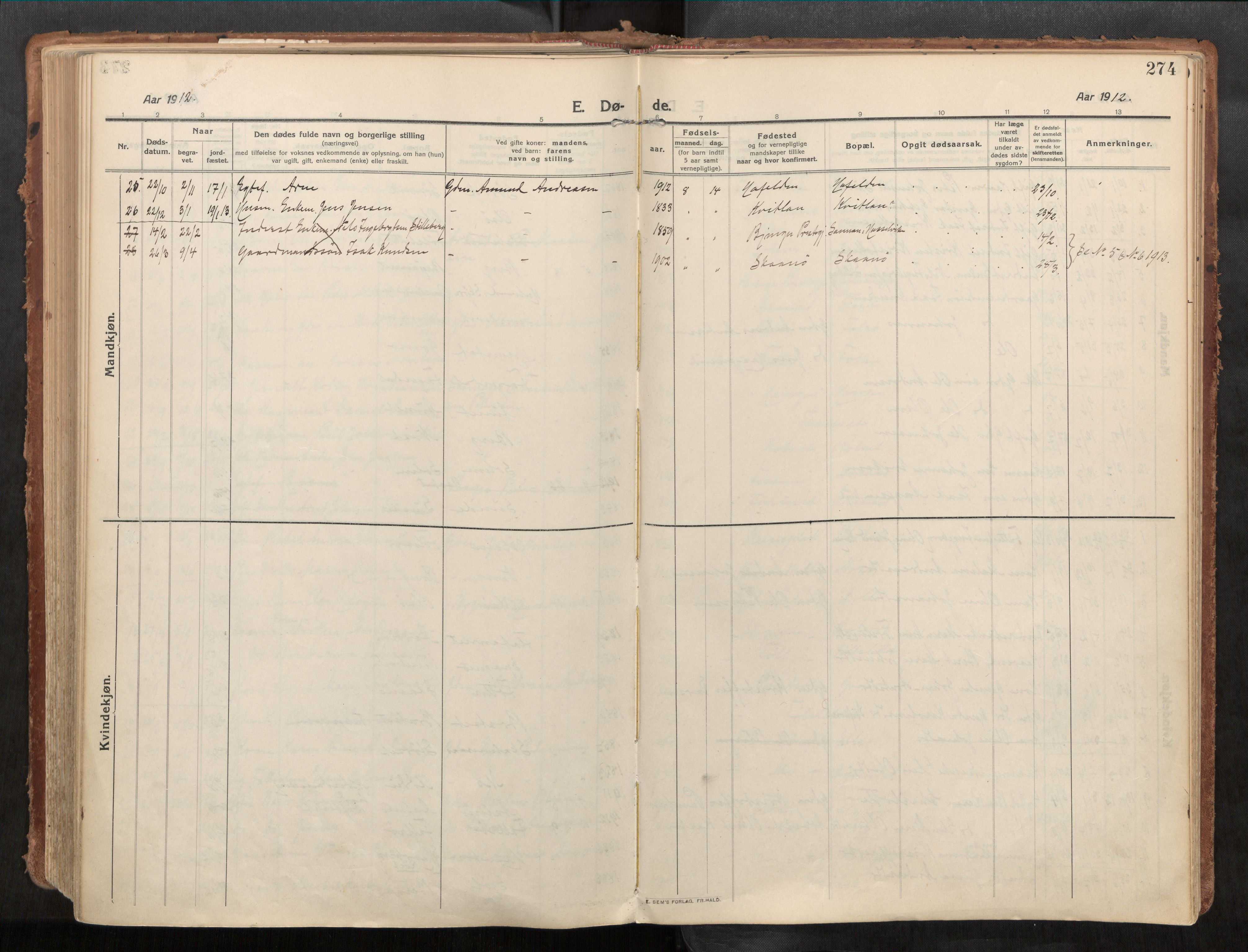 Stadsbygd sokneprestkontor, SAT/A-1117/1/I/I1/I1a/L0001: Parish register (official) no. 1, 1911-1929, p. 274