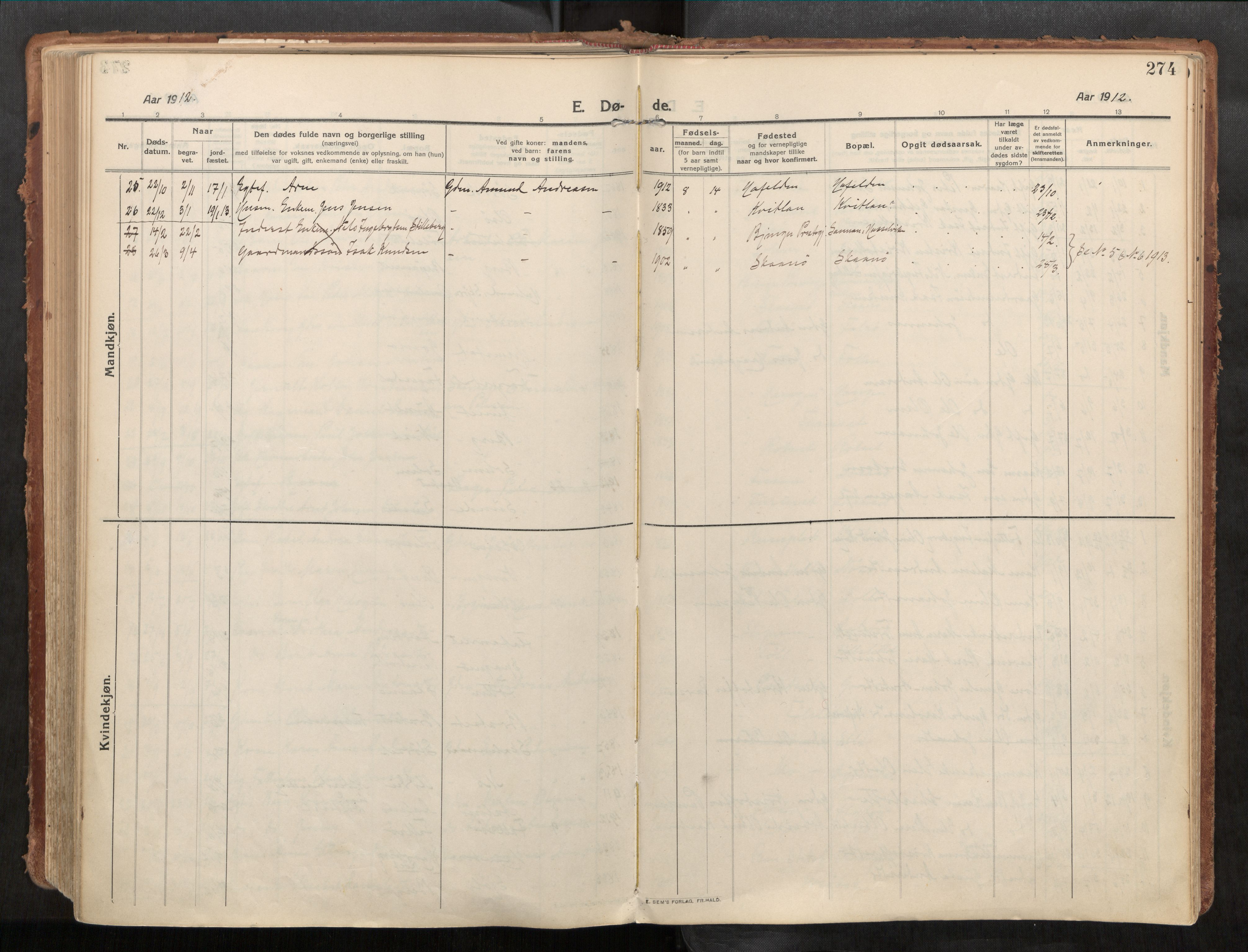 Stadsbygd sokneprestkontor, AV/SAT-A-1117/1/I/I1/I1a/L0001: Parish register (official) no. 1, 1911-1929, p. 274