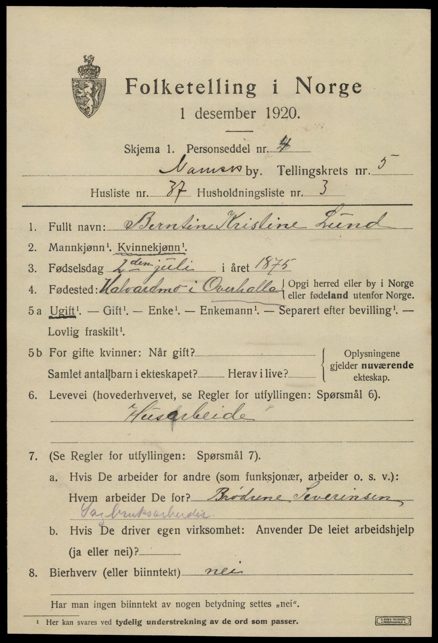 SAT, 1920 census for Namsos, 1920, p. 6329