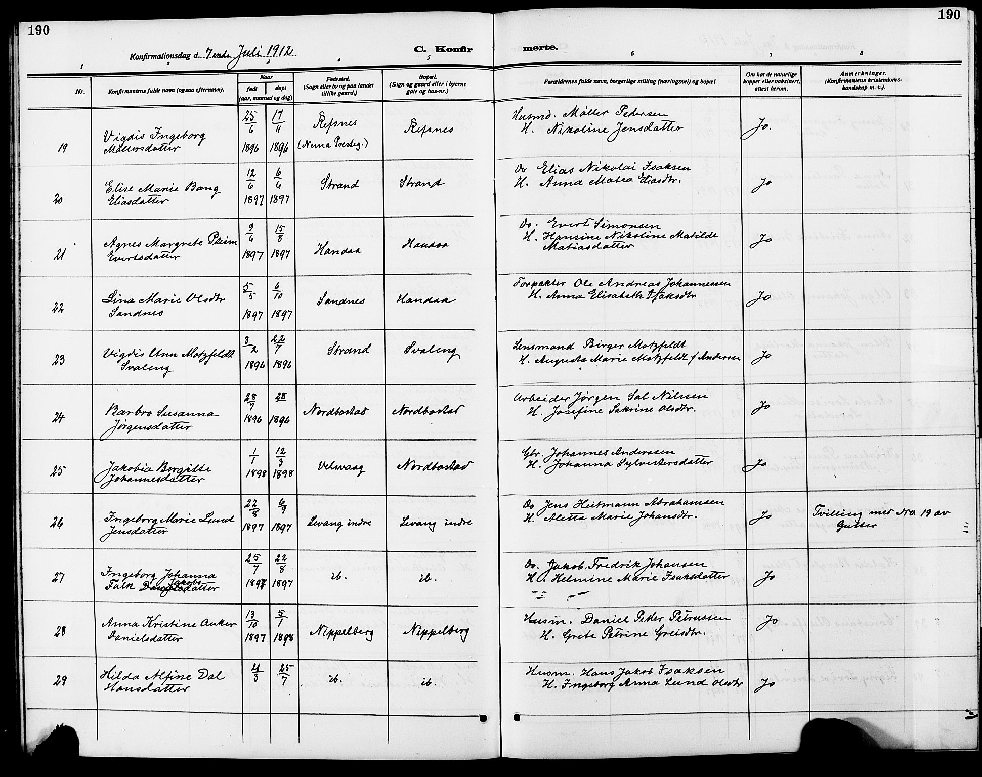 Ministerialprotokoller, klokkerbøker og fødselsregistre - Nordland, AV/SAT-A-1459/838/L0560: Parish register (copy) no. 838C07, 1910-1928, p. 190