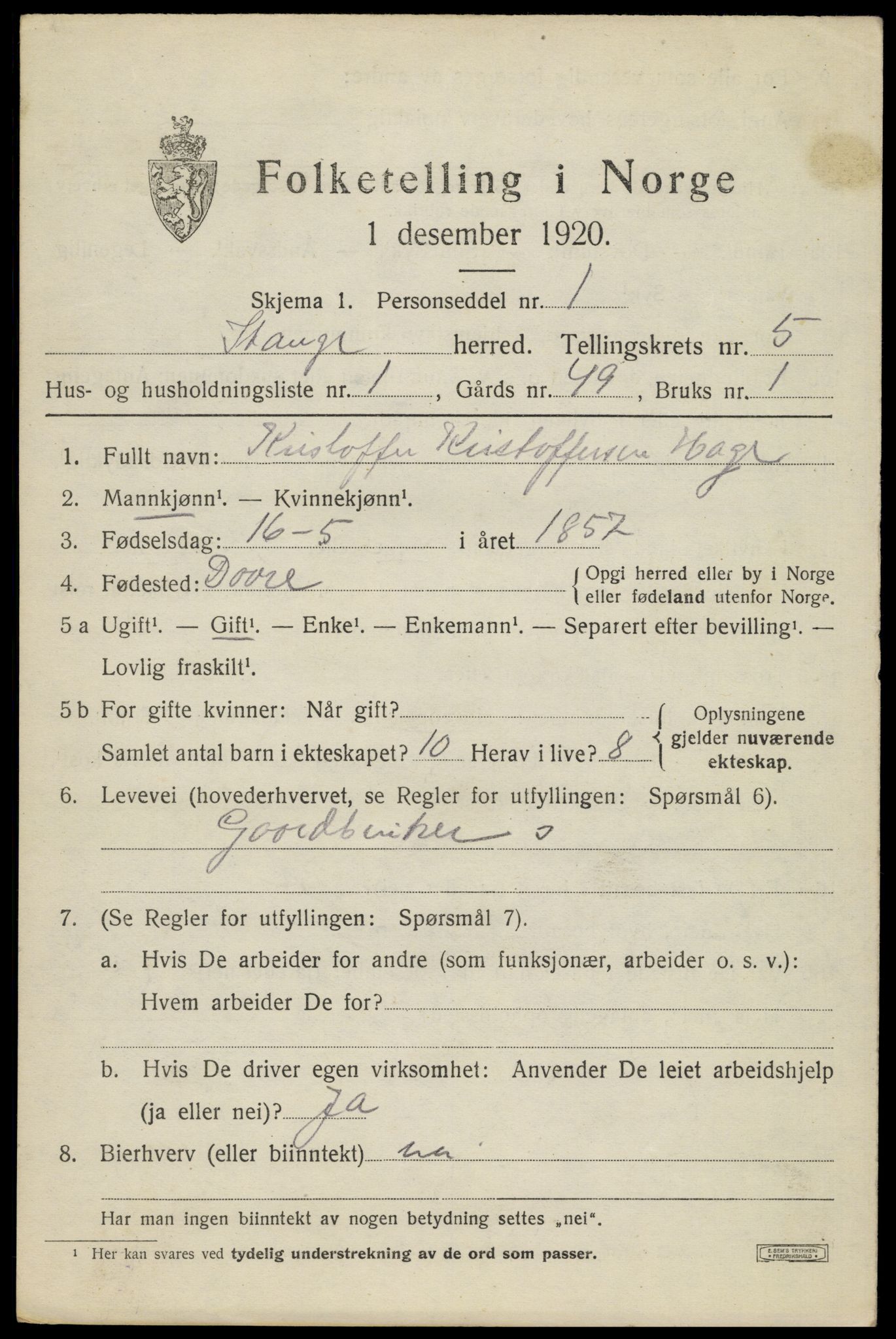 SAH, 1920 census for Stange, 1920, p. 8907