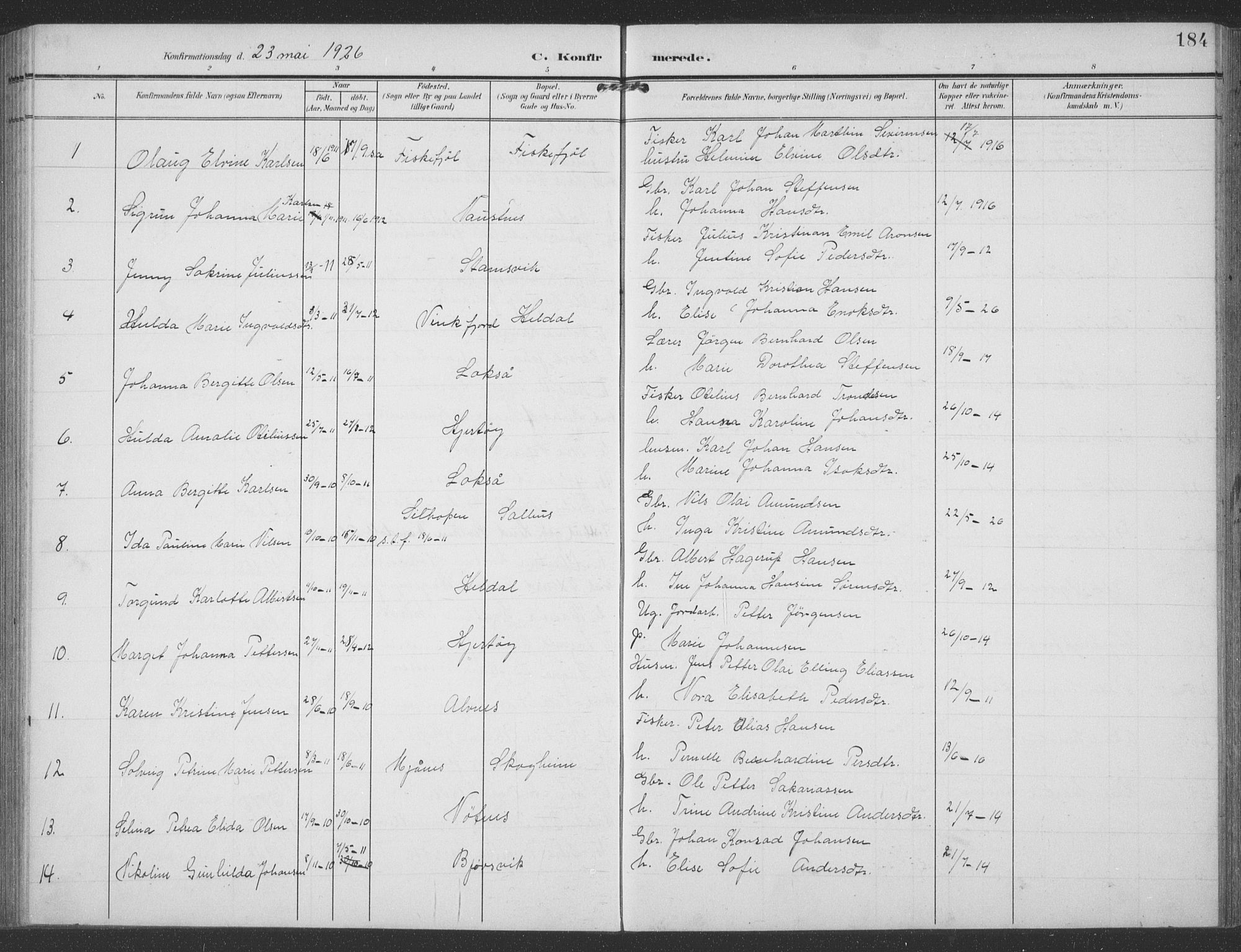 Ministerialprotokoller, klokkerbøker og fødselsregistre - Nordland, SAT/A-1459/858/L0835: Parish register (copy) no. 858C02, 1904-1940, p. 184