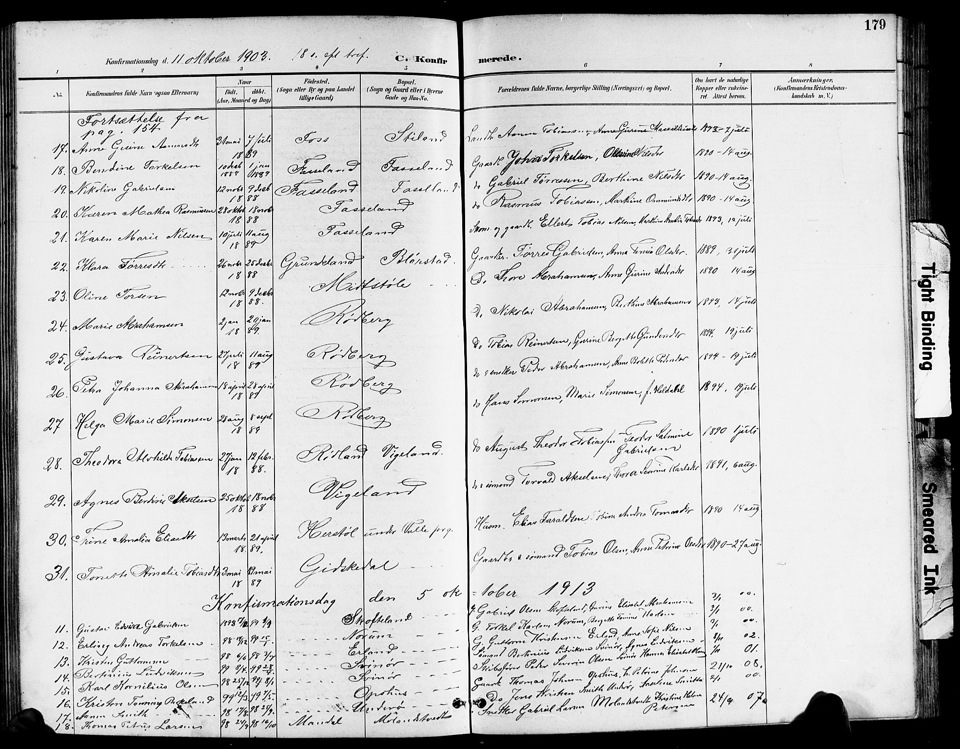 Sør-Audnedal sokneprestkontor, AV/SAK-1111-0039/F/Fb/Fbb/L0006: Parish register (copy) no. B 6, 1893-1915, p. 179