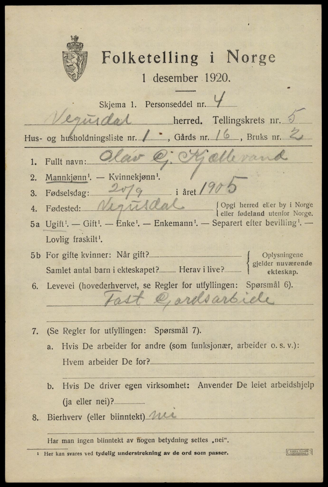 SAK, 1920 census for Vegusdal, 1920, p. 1279