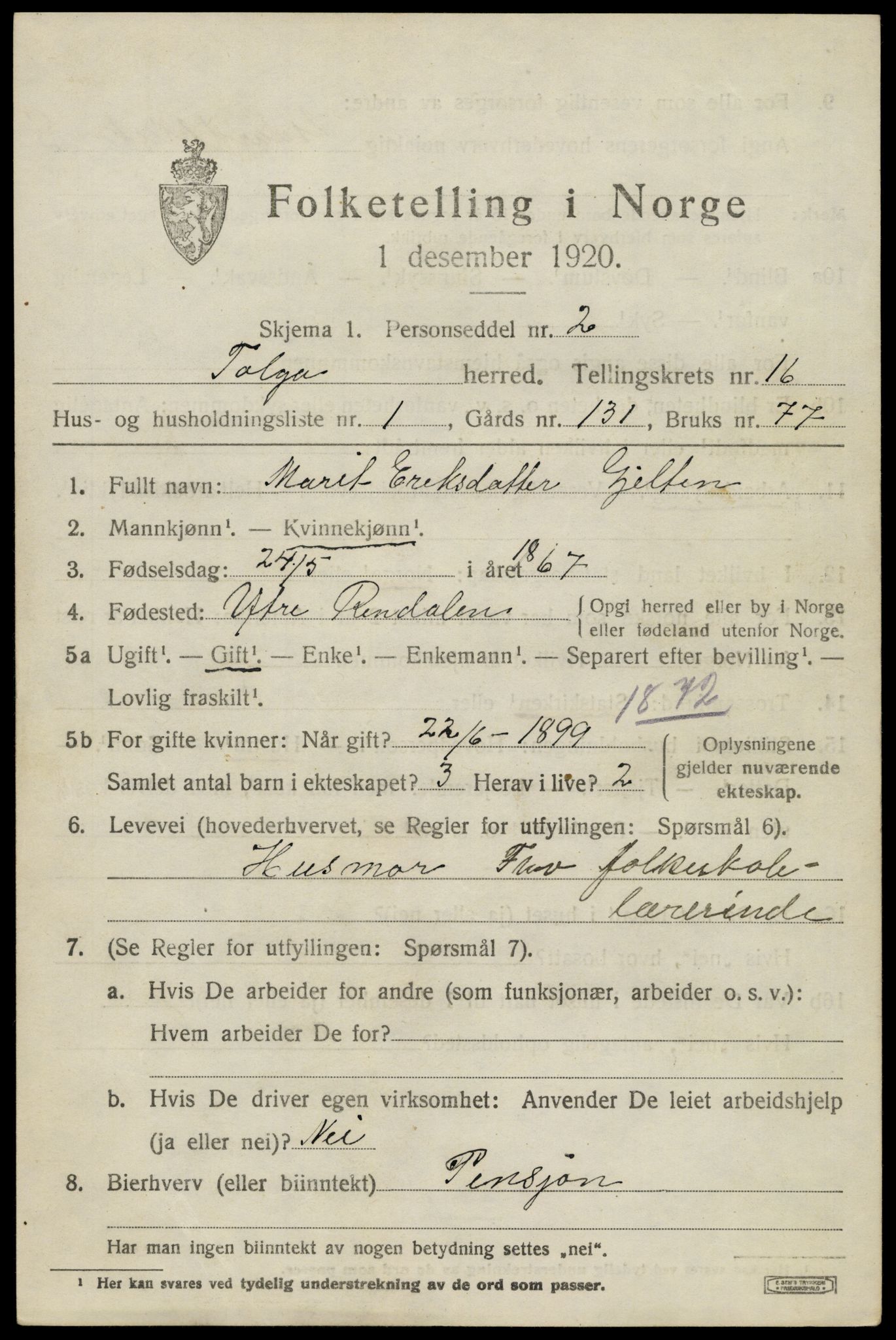 SAH, 1920 census for Tolga, 1920, p. 7379