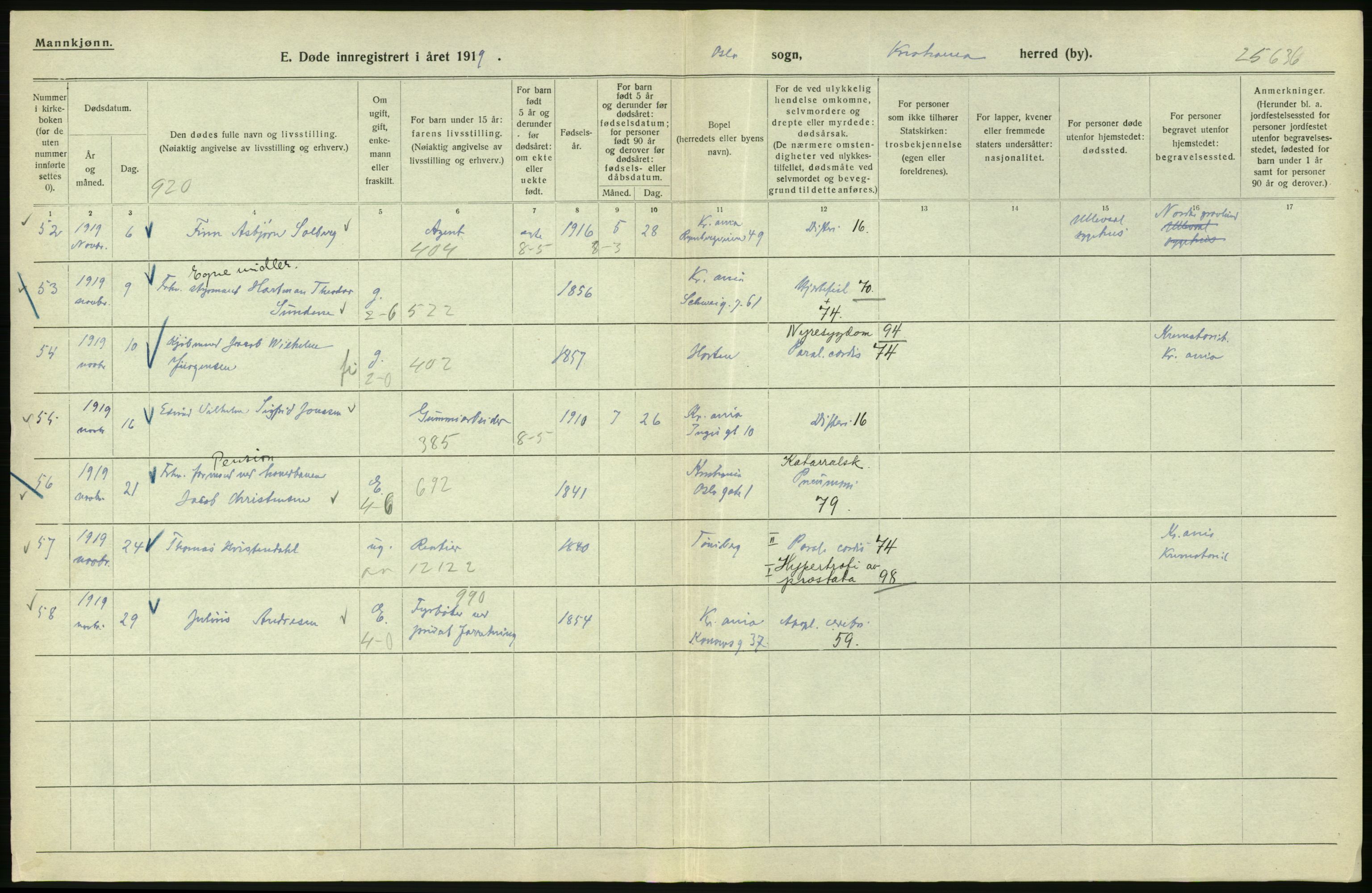 Statistisk sentralbyrå, Sosiodemografiske emner, Befolkning, AV/RA-S-2228/D/Df/Dfb/Dfbi/L0010: Kristiania: Døde, 1919, p. 408