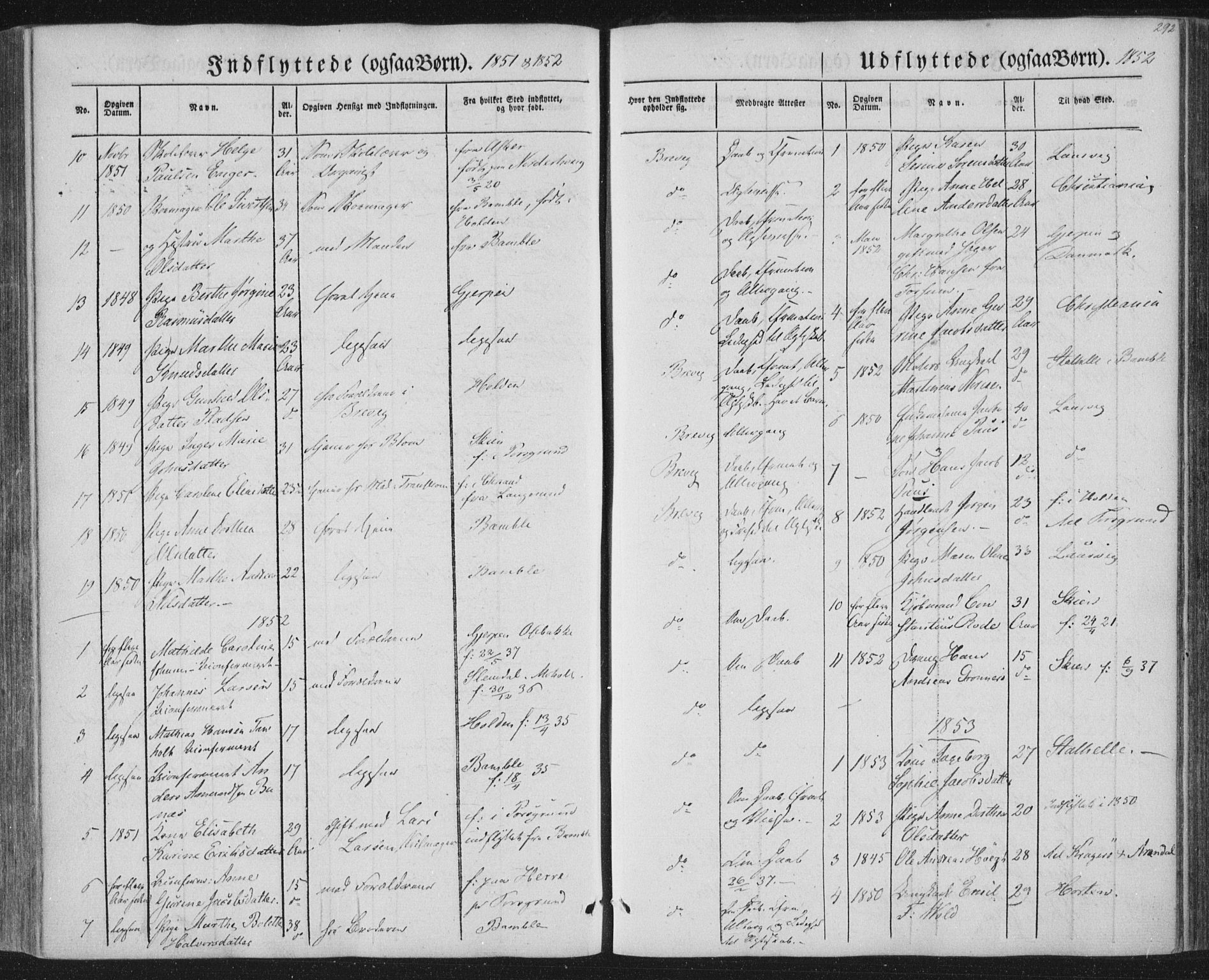 Brevik kirkebøker, AV/SAKO-A-255/F/Fa/L0005: Parish register (official) no. 5, 1847-1865, p. 292