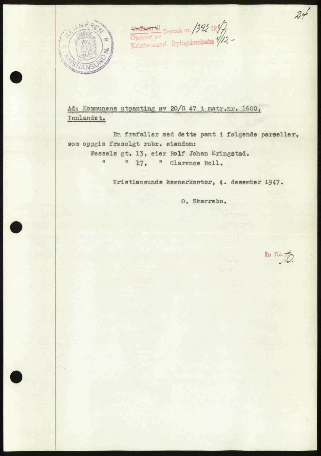 Kristiansund byfogd, AV/SAT-A-4587/A/27: Mortgage book no. 44, 1947-1948, Diary no: : 1392/1947