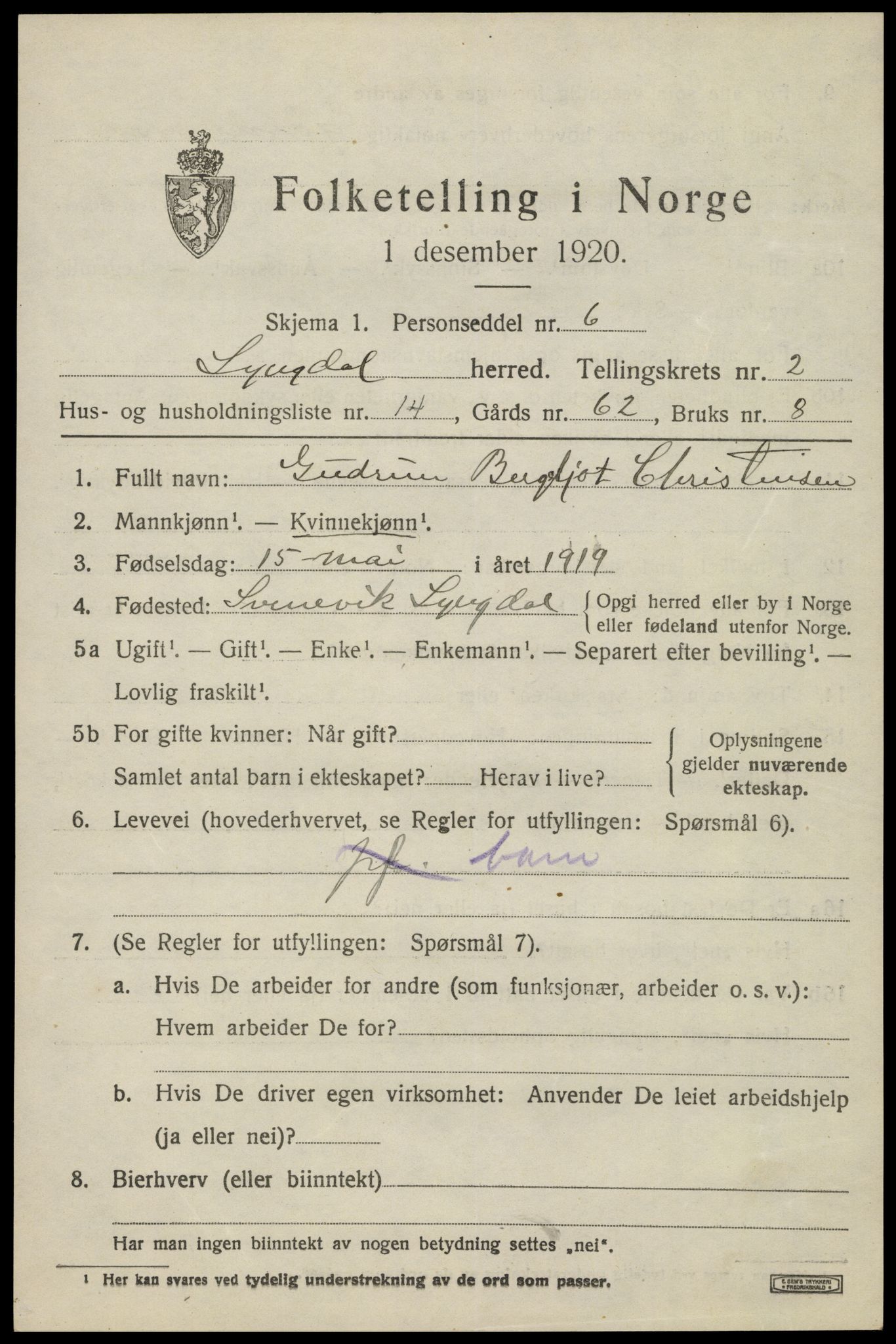 SAK, 1920 census for Lyngdal, 1920, p. 1705