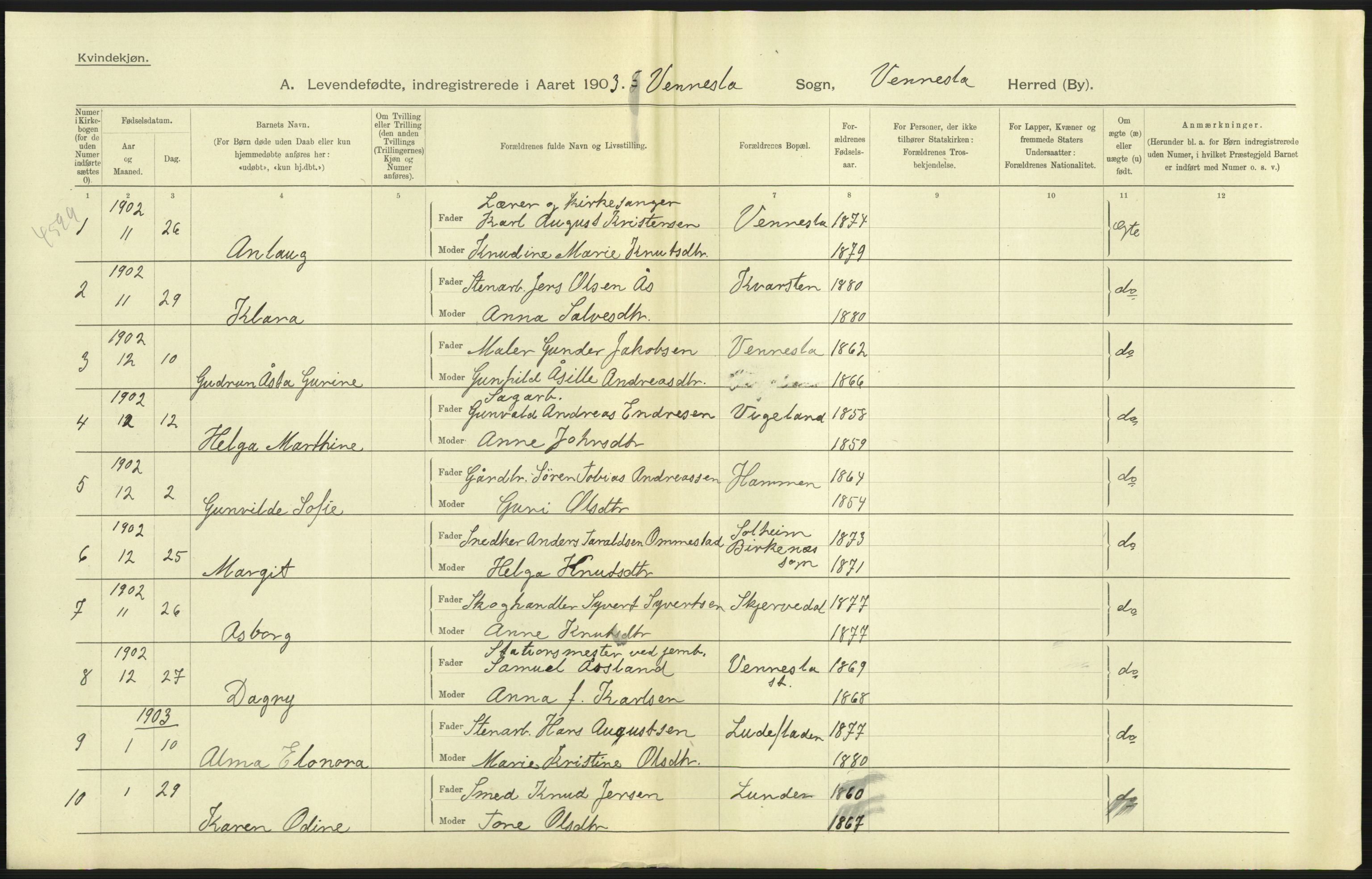 Statistisk sentralbyrå, Sosiodemografiske emner, Befolkning, AV/RA-S-2228/D/Df/Dfa/Dfaa/L0011: Lister og Mandal amt: Fødte, gifte, døde, 1903, p. 177