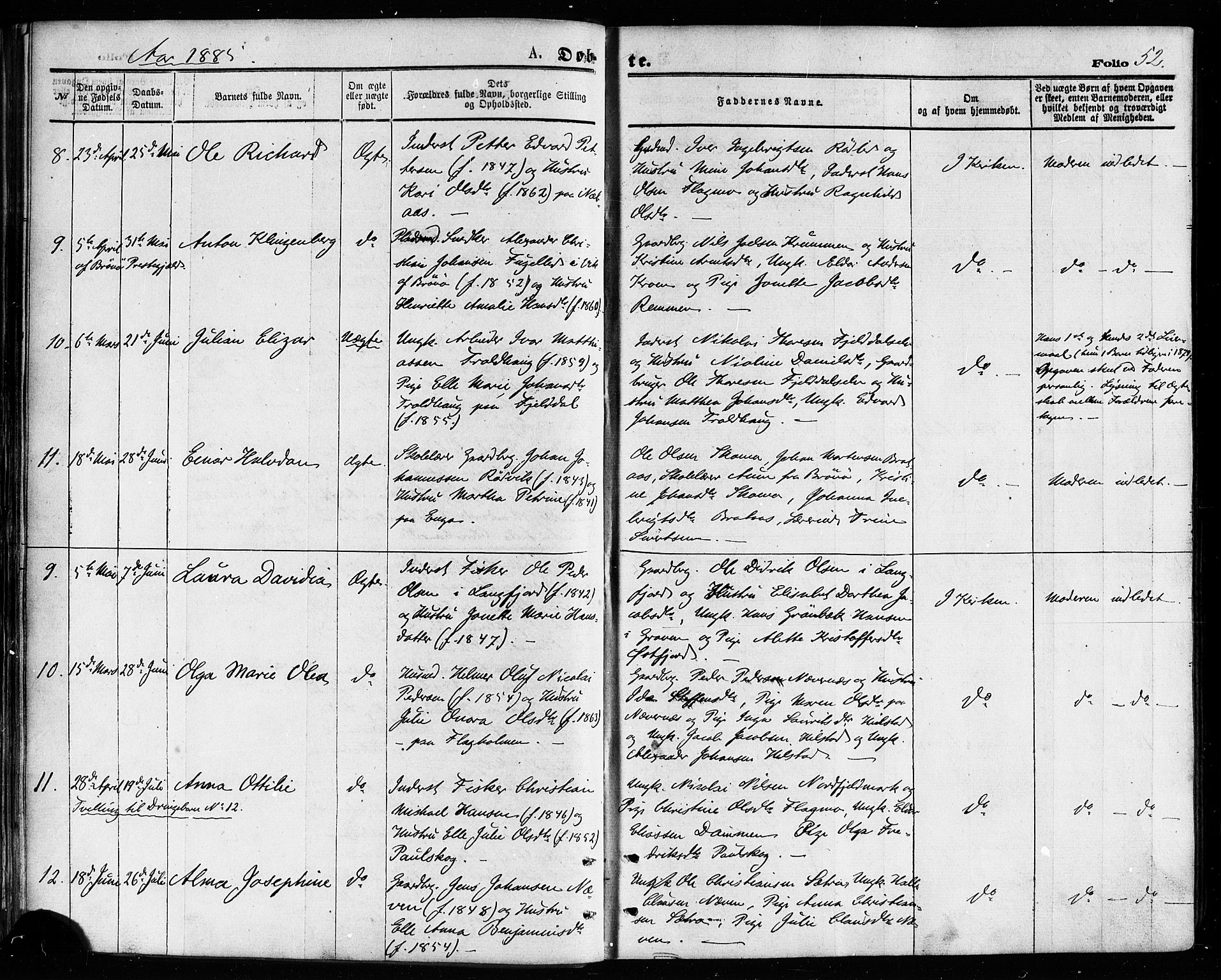 Ministerialprotokoller, klokkerbøker og fødselsregistre - Nordland, AV/SAT-A-1459/814/L0225: Parish register (official) no. 814A06, 1875-1885, p. 52