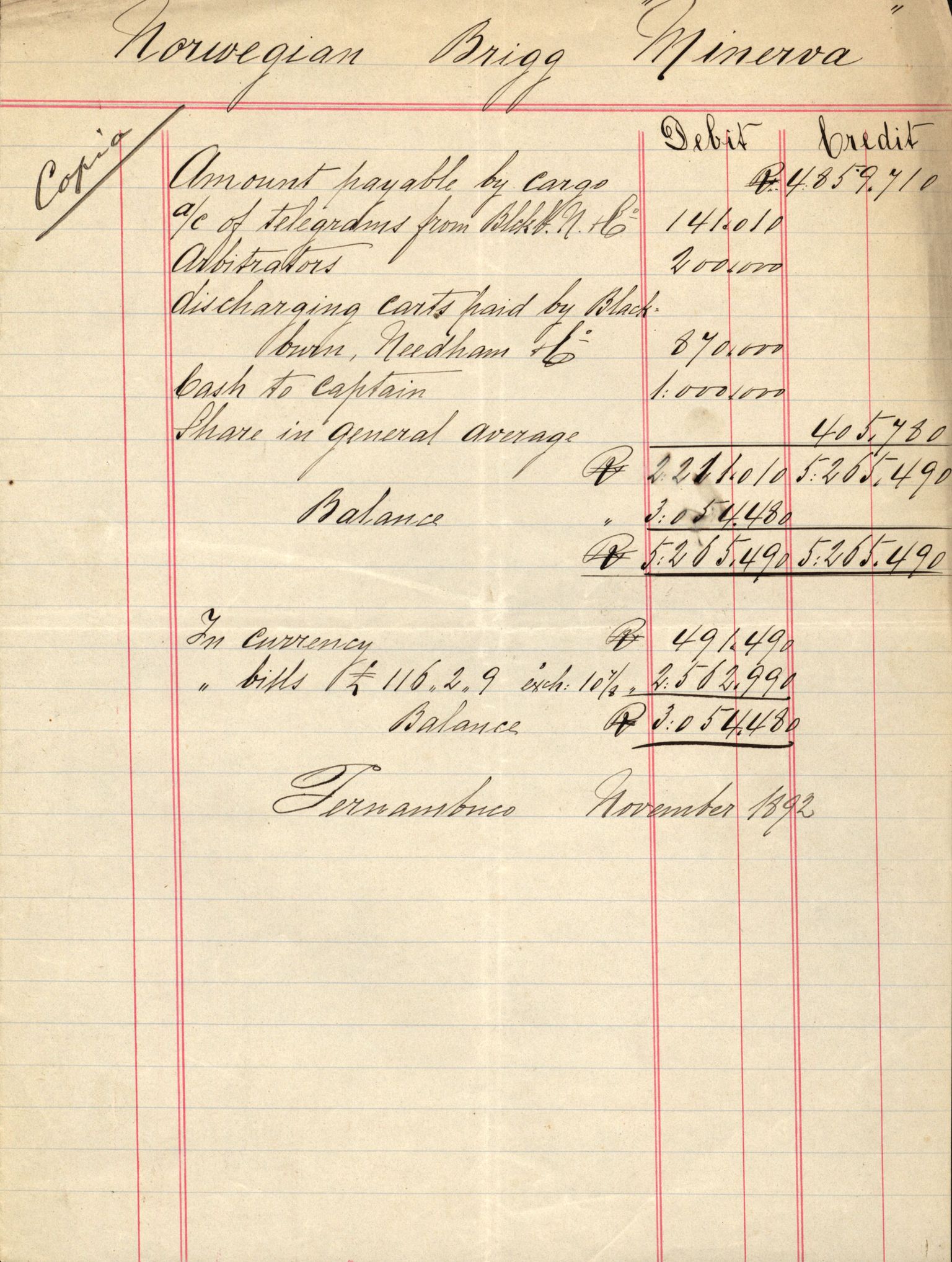 Pa 63 - Østlandske skibsassuranceforening, VEMU/A-1079/G/Ga/L0028/0003: Havaridokumenter / Minerva, Mathilde, Magnolia, Sir John Lawrence, 1892, p. 73