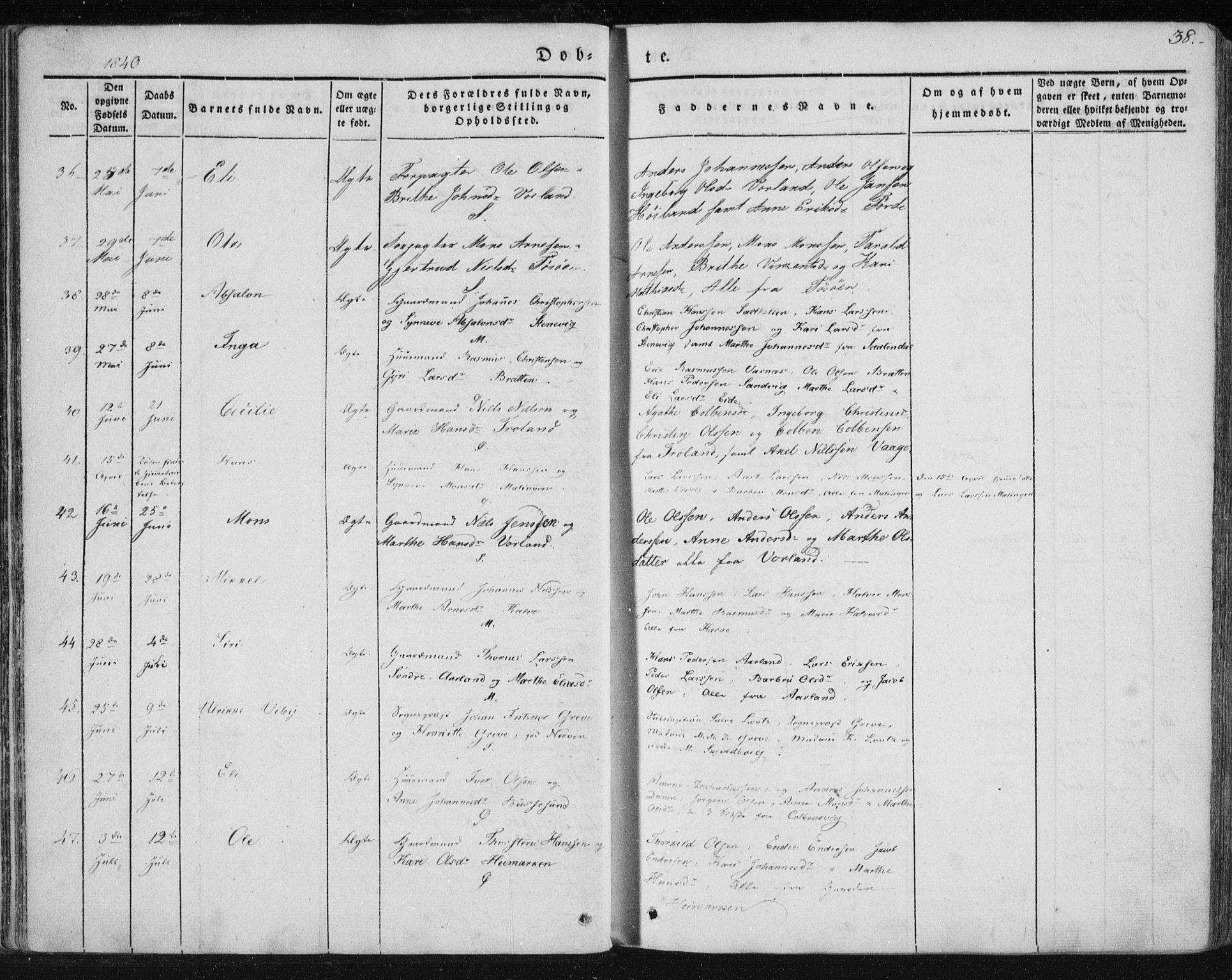 Sund sokneprestembete, AV/SAB-A-99930: Parish register (official) no. A 13, 1835-1849, p. 38