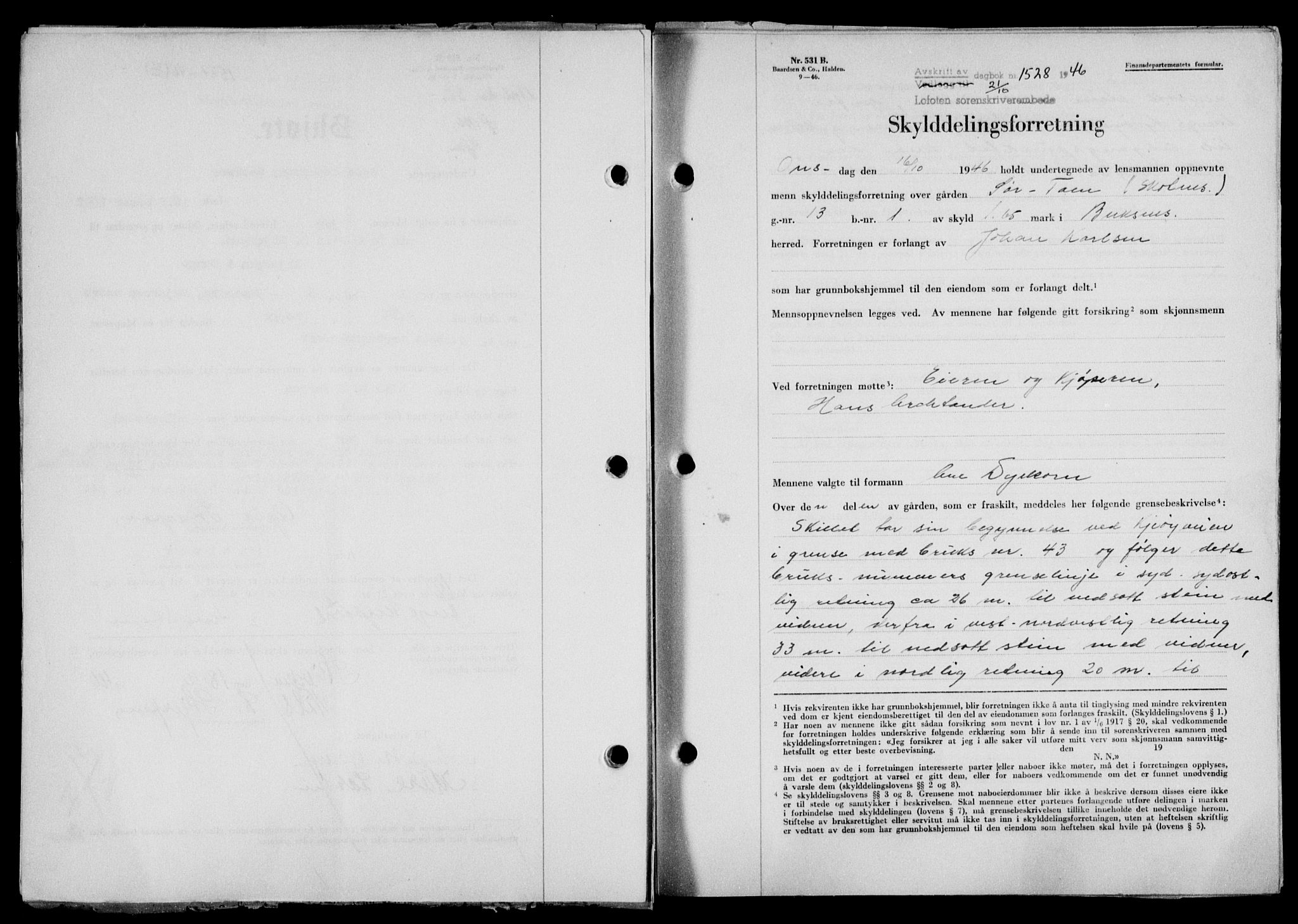 Lofoten sorenskriveri, SAT/A-0017/1/2/2C/L0014a: Mortgage book no. 14a, 1946-1946, Diary no: : 1528/1946