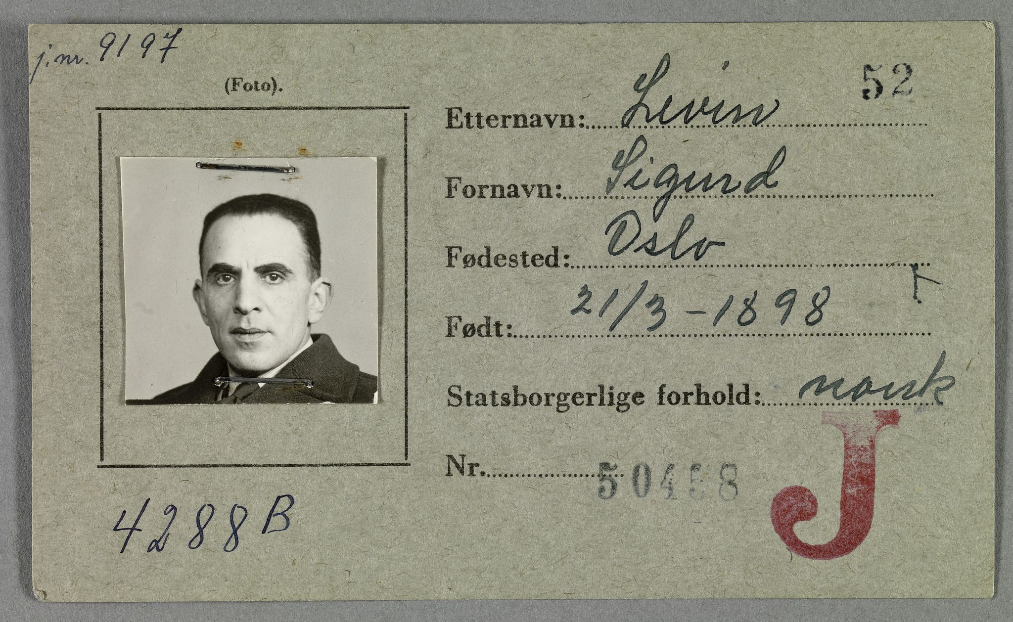 Sosialdepartementet, Våre Falne, RA/S-1708/E/Ee/L0021A: Fotografier av jøder på legitimasjonskort (1941-42), 1941-1942, p. 231
