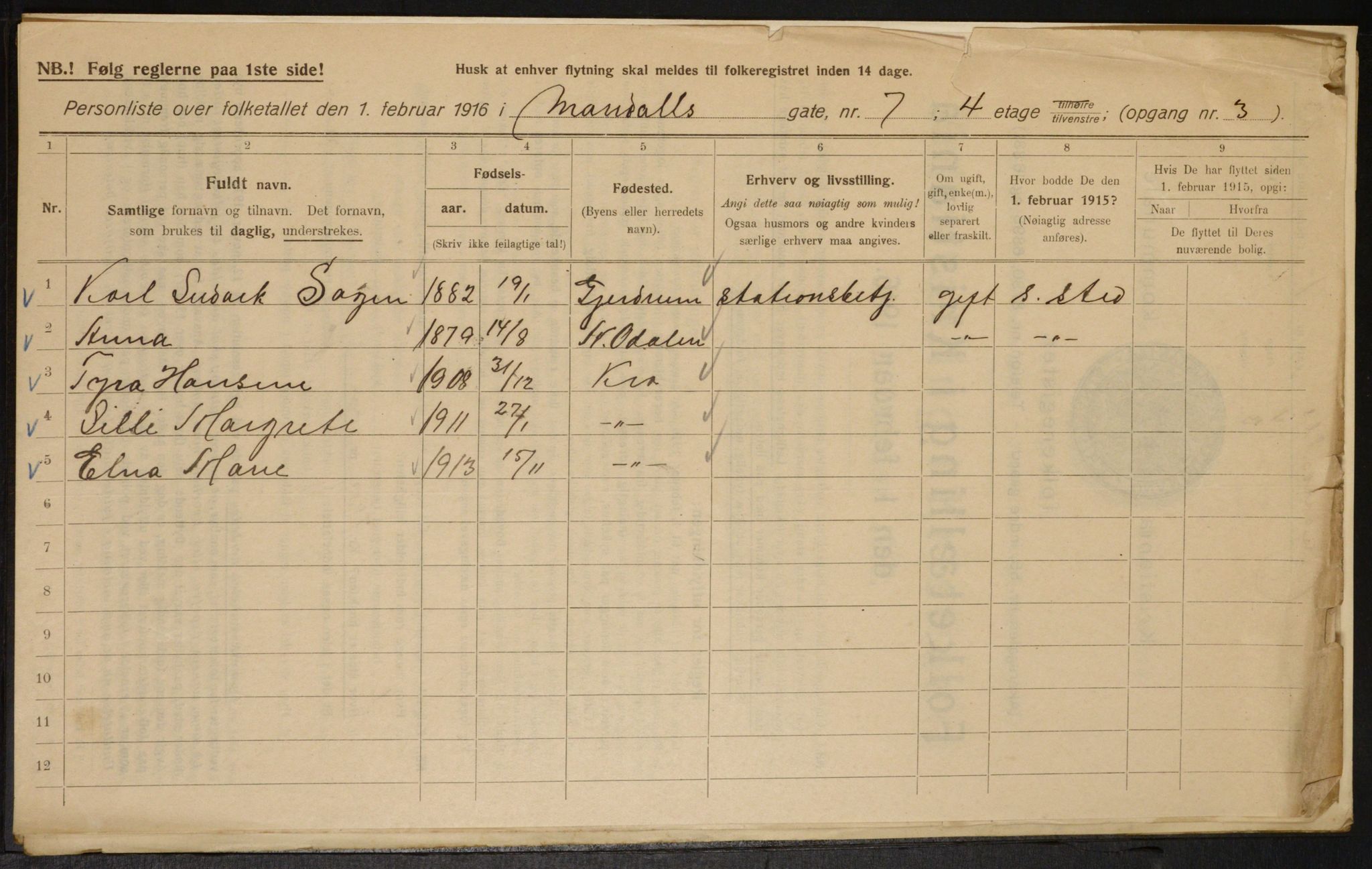 OBA, Municipal Census 1916 for Kristiania, 1916, p. 61752