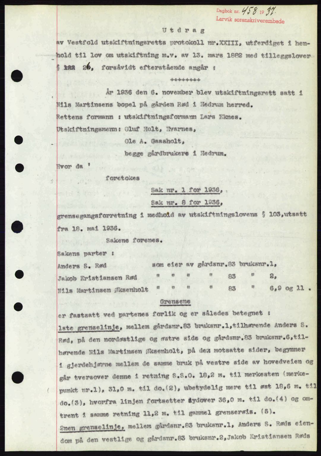 Larvik sorenskriveri, SAKO/A-83/G/Ga/Gab/L0067: Mortgage book no. A-1, 1936-1937, Diary no: : 458/1937