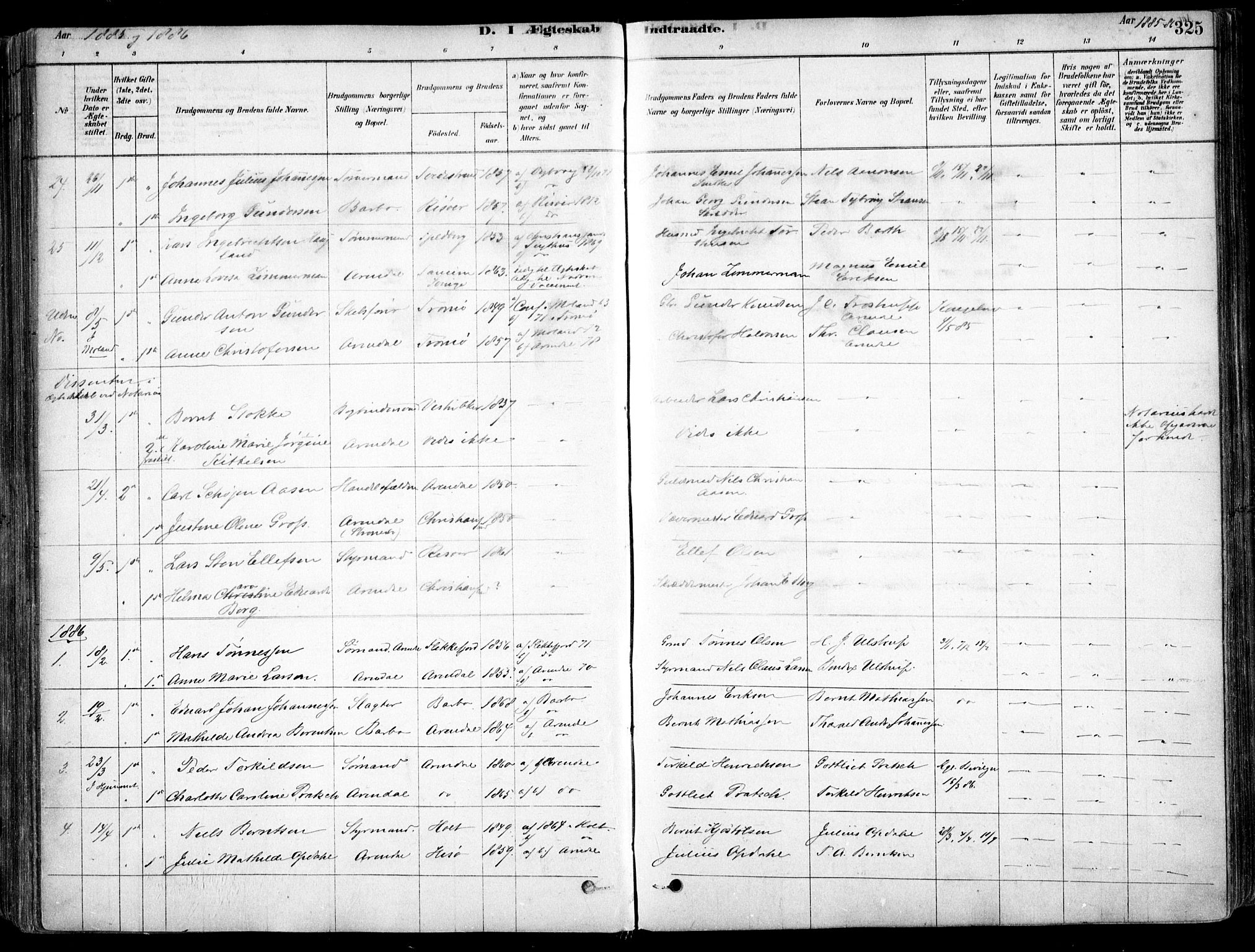 Arendal sokneprestkontor, Trefoldighet, SAK/1111-0040/F/Fa/L0008: Parish register (official) no. A 8, 1878-1899, p. 325