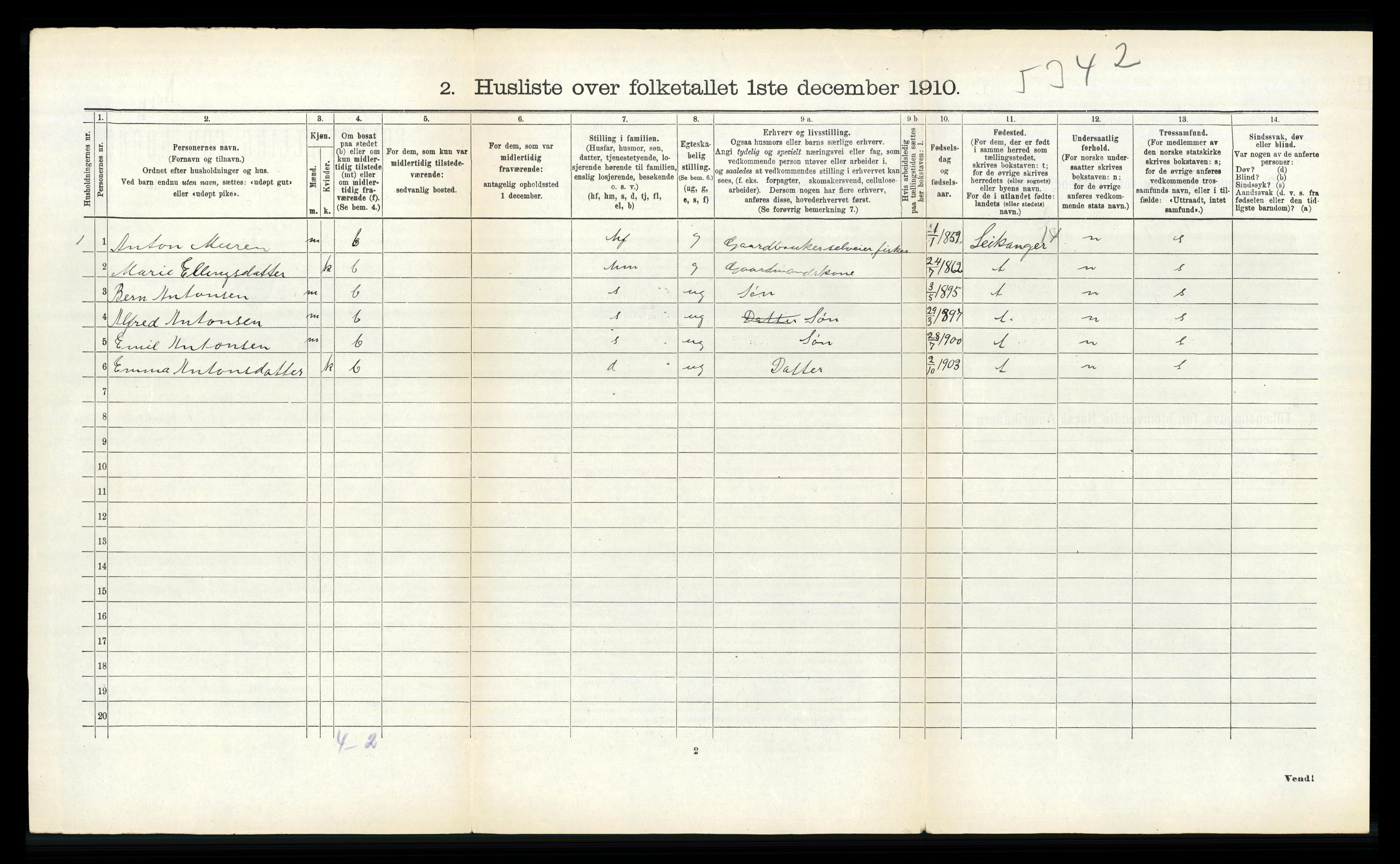 RA, 1910 census for Sande, 1910, p. 121