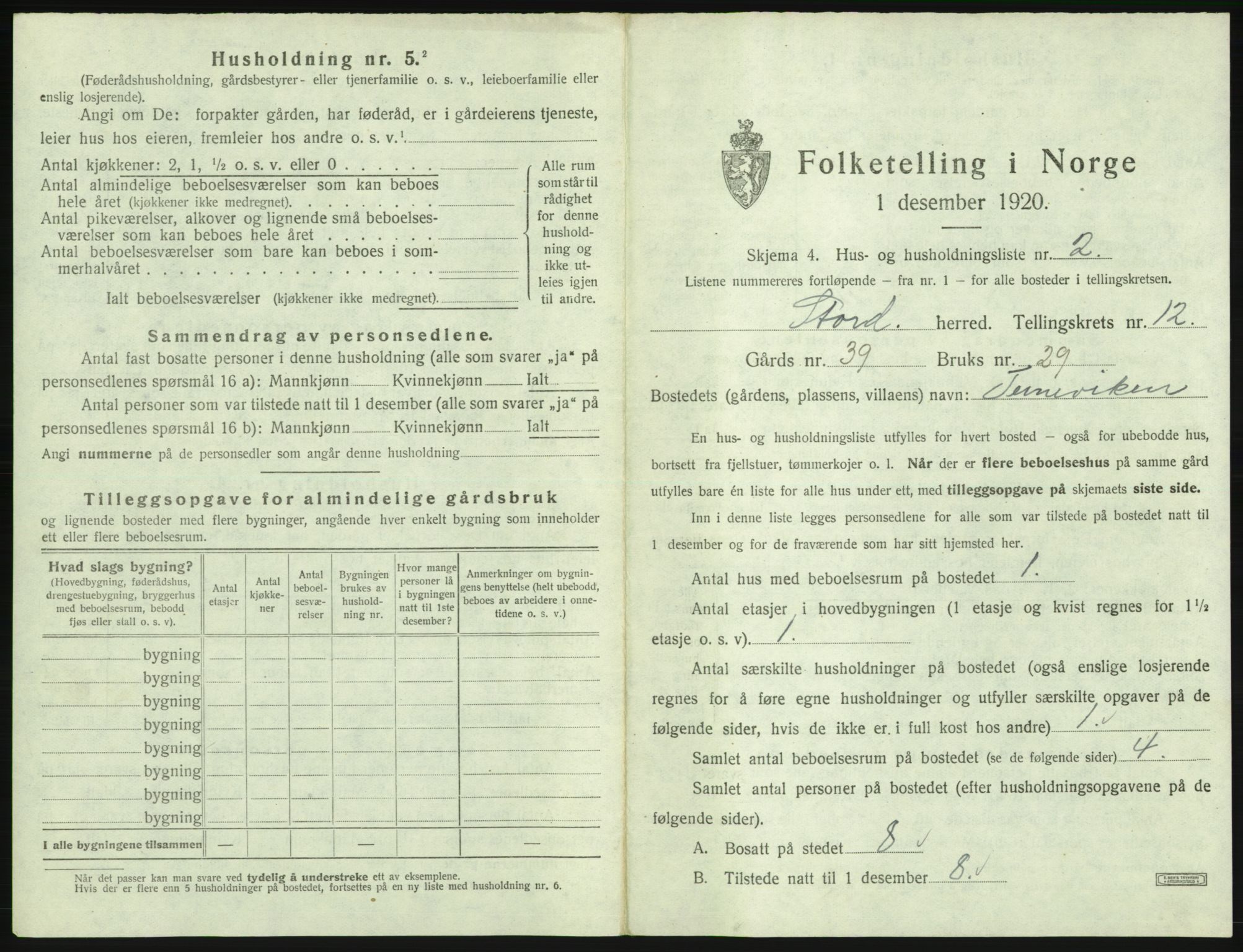 SAB, 1920 census for Stord, 1920, p. 856