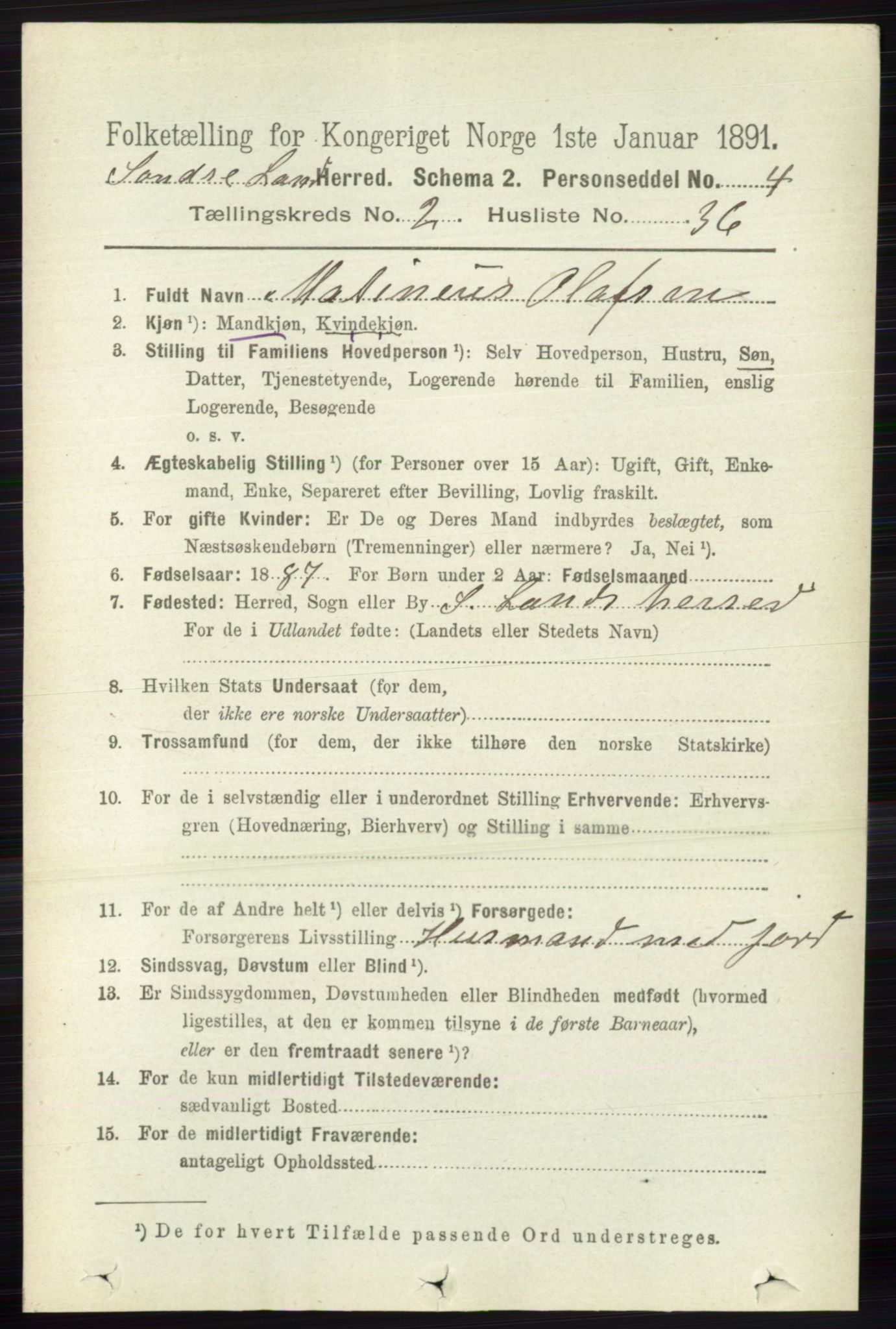 RA, 1891 census for 0536 Søndre Land, 1891, p. 1263