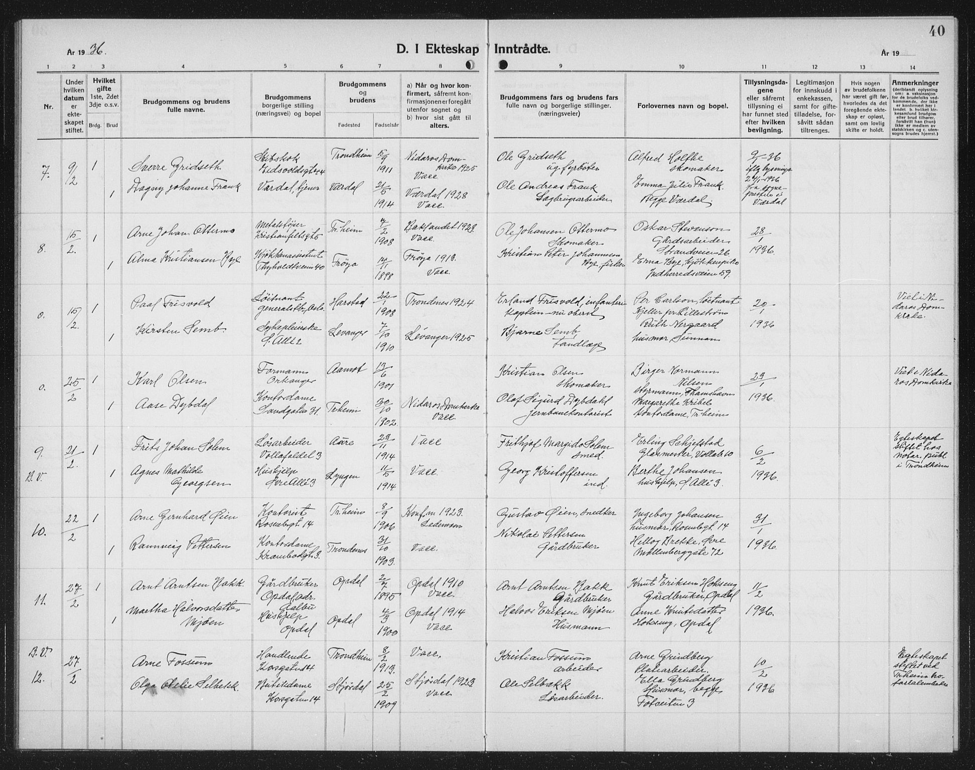 Ministerialprotokoller, klokkerbøker og fødselsregistre - Sør-Trøndelag, SAT/A-1456/602/L0152: Parish register (copy) no. 602C20, 1933-1940, p. 40