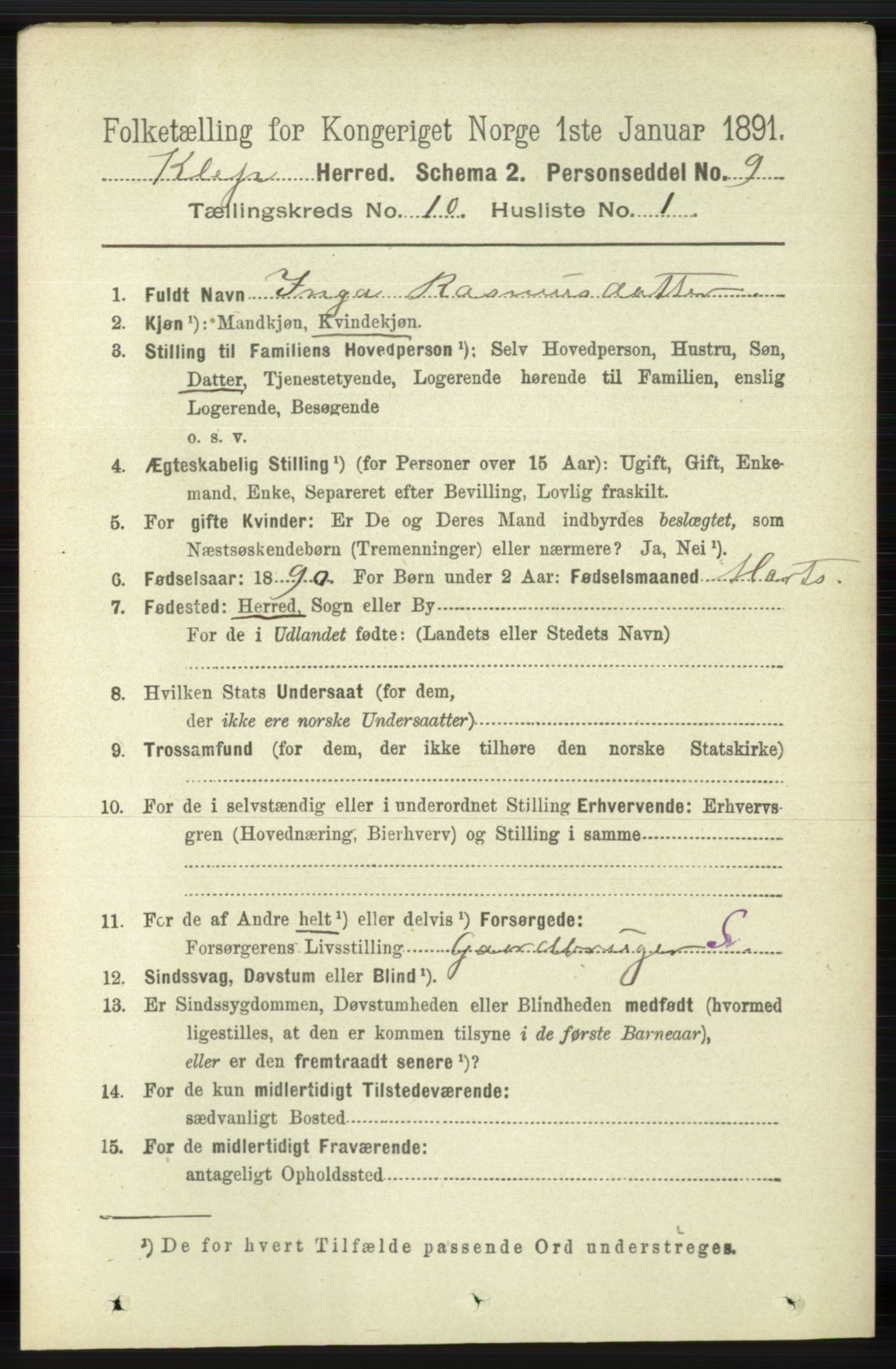 RA, 1891 census for 1120 Klepp, 1891, p. 2860