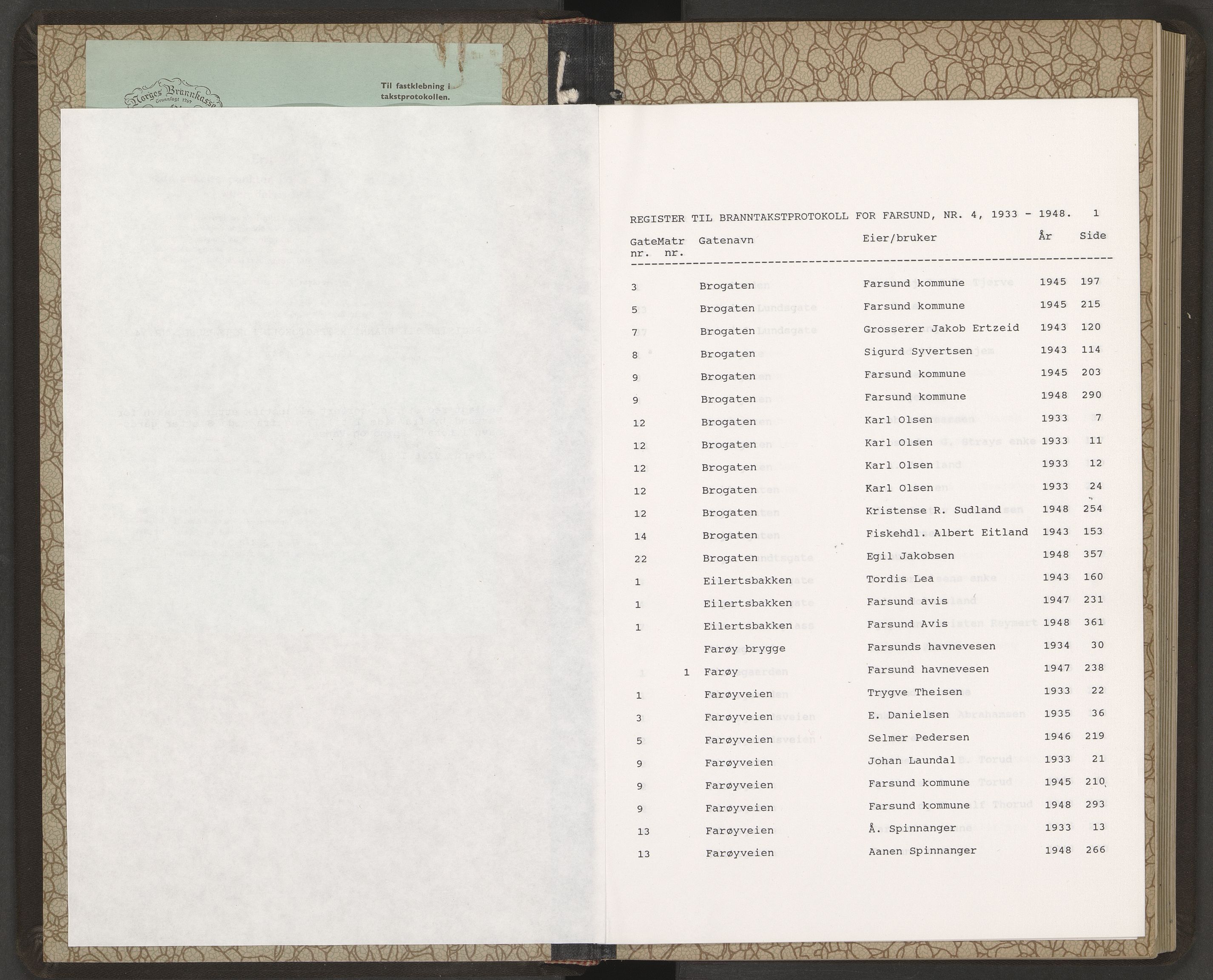 Norges Brannkasse Farsund, AV/SAK-2241-0011/F/Fa/L0003: Branntakstprotokoll nr. 4 med gatenavnsregister og gårdsnavnregister, 1933-1948