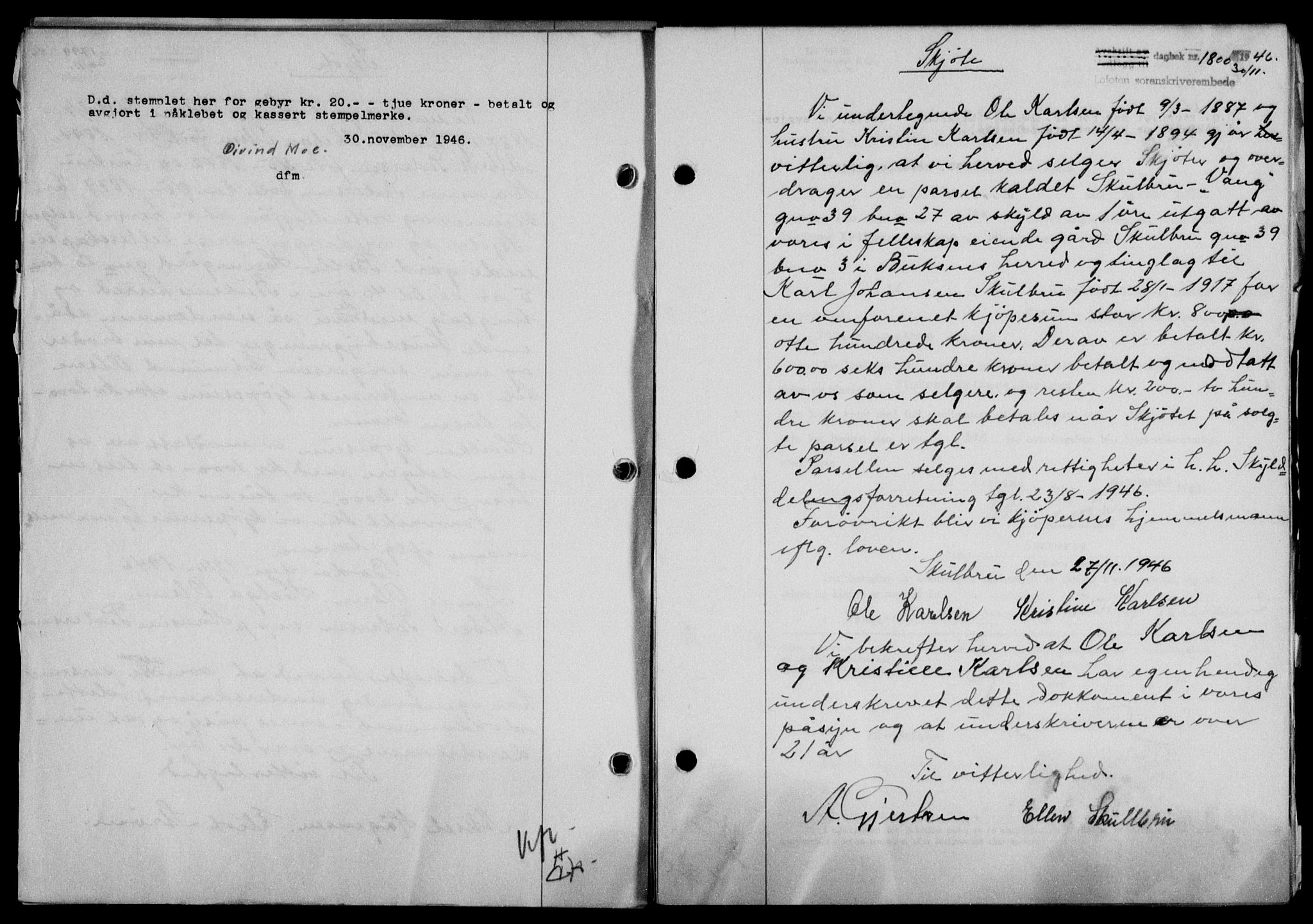 Lofoten sorenskriveri, SAT/A-0017/1/2/2C/L0015a: Mortgage book no. 15a, 1946-1947, Diary no: : 1800/1946