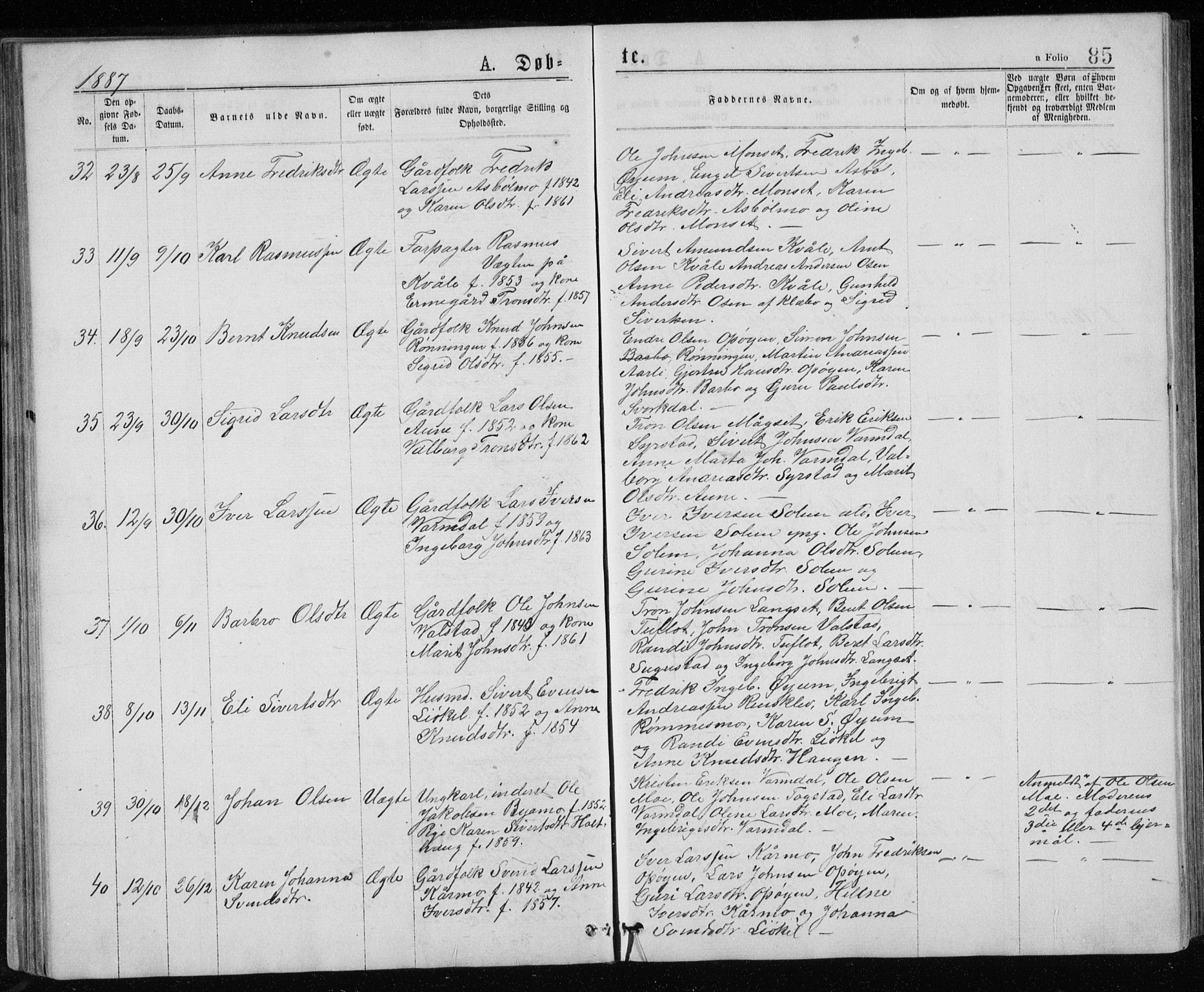Ministerialprotokoller, klokkerbøker og fødselsregistre - Sør-Trøndelag, SAT/A-1456/671/L0843: Parish register (copy) no. 671C02, 1873-1892, p. 85