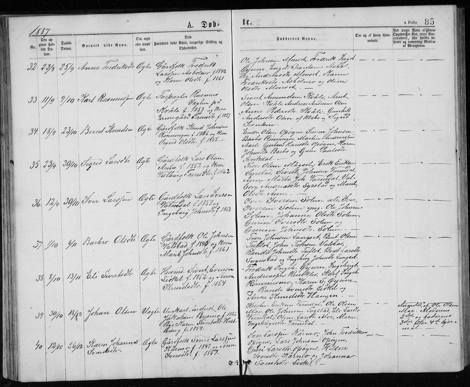 Ministerialprotokoller, klokkerbøker og fødselsregistre - Sør-Trøndelag, AV/SAT-A-1456/671/L0843: Parish register (copy) no. 671C02, 1873-1892, p. 85