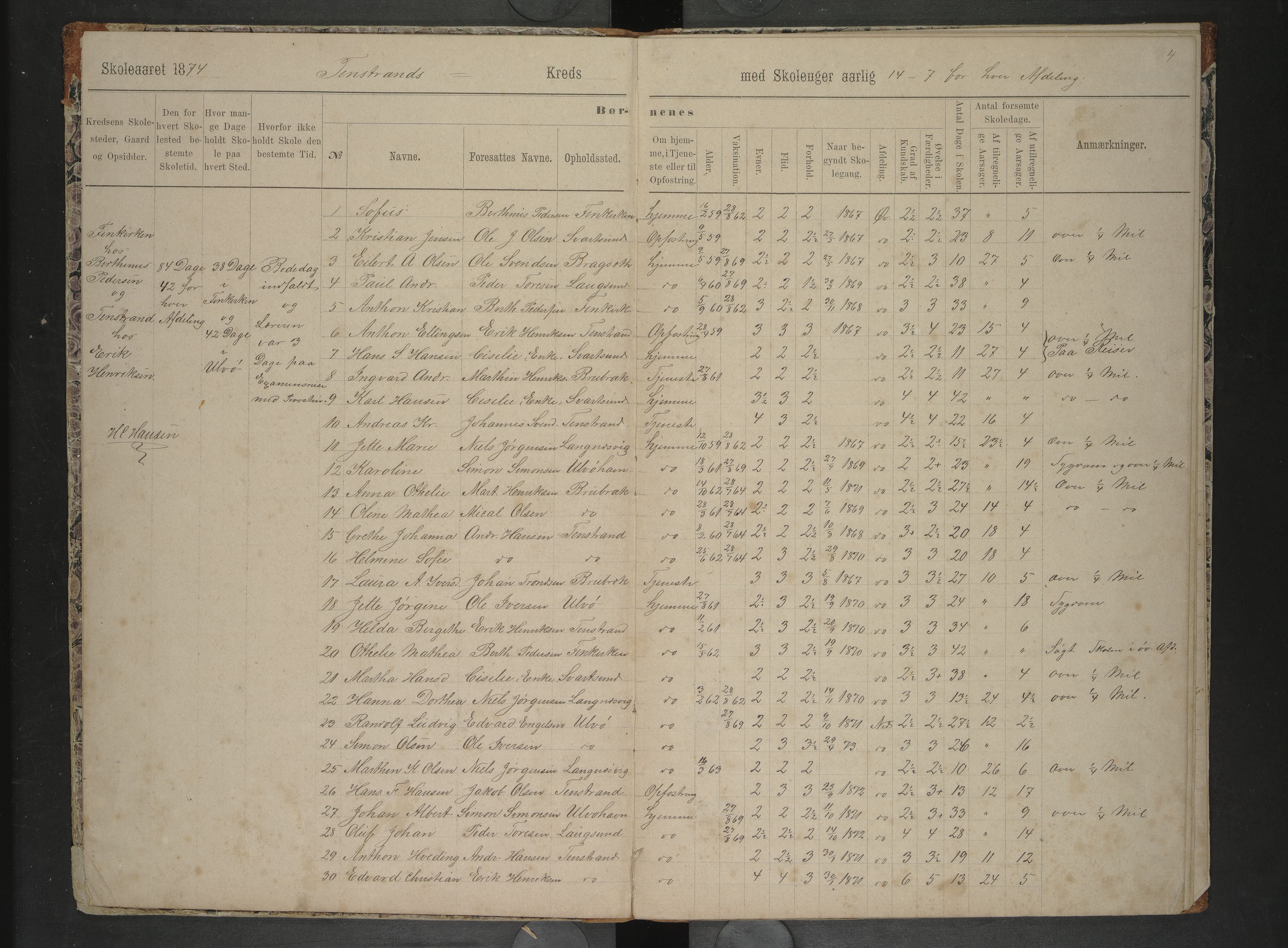 Hadsel kommune. Raftsund skoledistrikt, AIN/K-18660.510.35/F/L0002: Protokoll Raftsund skoledistrikt: Tenstrand, Tengelfjord, Helgenes, Ingelsfjord, 1874-1878