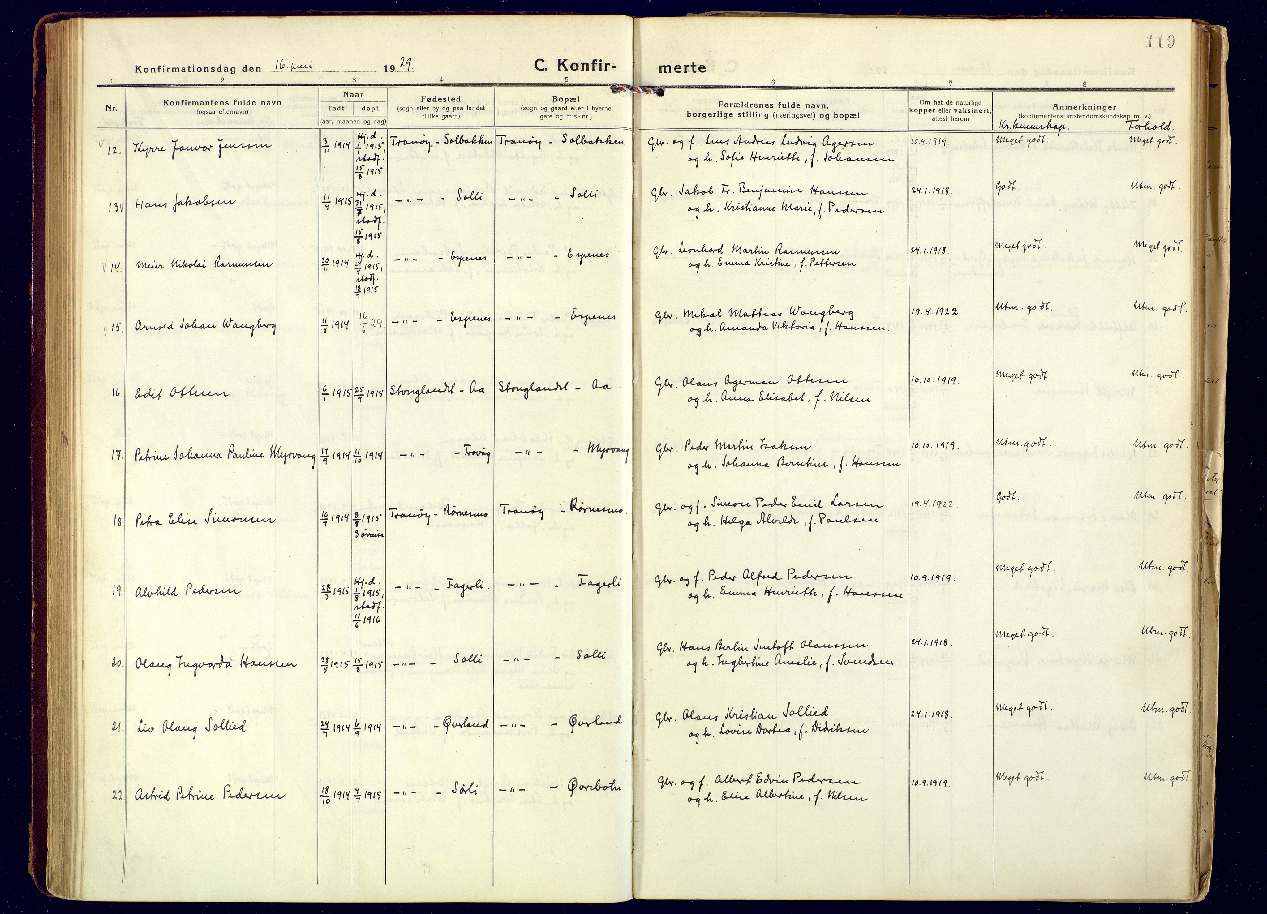 Tranøy sokneprestkontor, AV/SATØ-S-1313/I/Ia/Iaa/L0016kirke: Parish register (official) no. 16, 1919-1932, p. 119